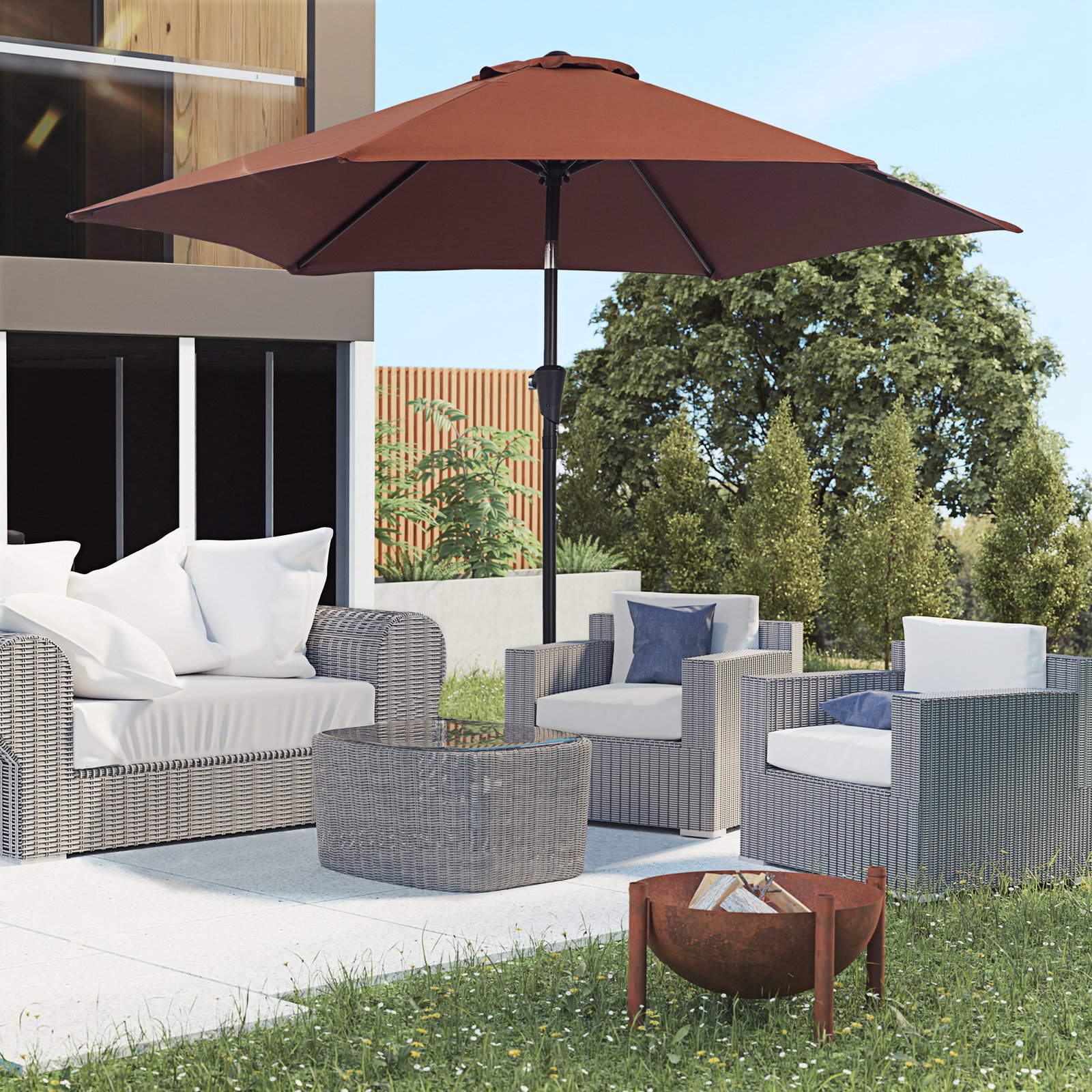 Chapéu de sol de jardim ø260x235cm de alumínio reclinável com manivela e 6 hastes para terraço exterior varanda café
