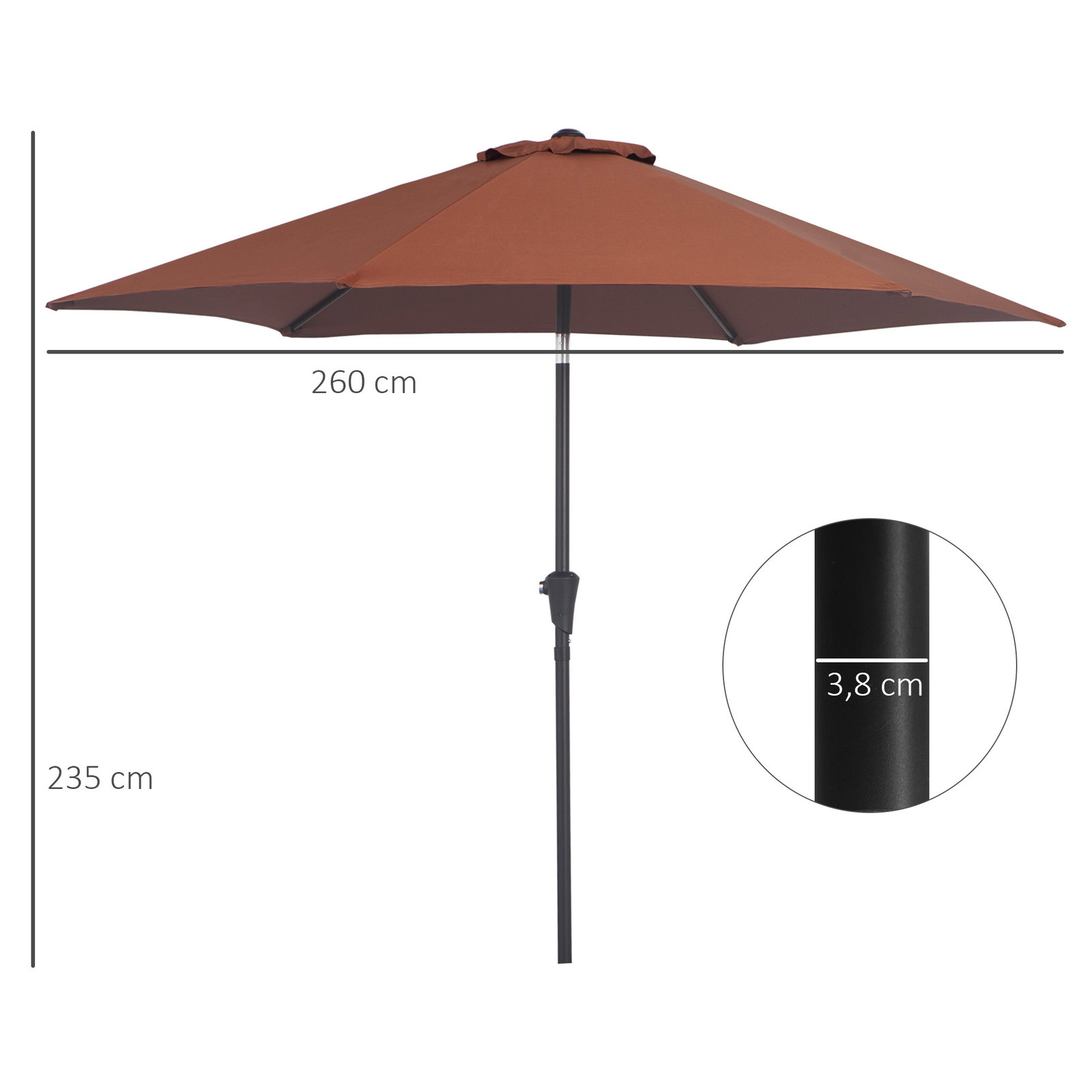 Chapéu de sol de jardim ø260x235cm de alumínio reclinável com manivela e 6 hastes para terraço exterior varanda café
