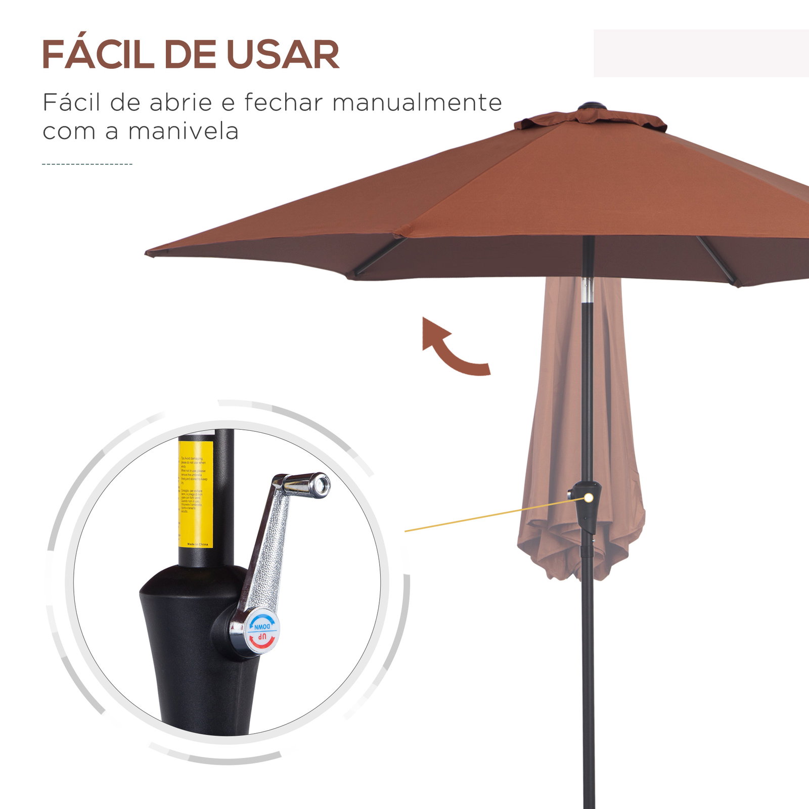 Chapéu de sol de jardim ø260x235cm de alumínio reclinável com manivela e 6 hastes para terraço exterior varanda café