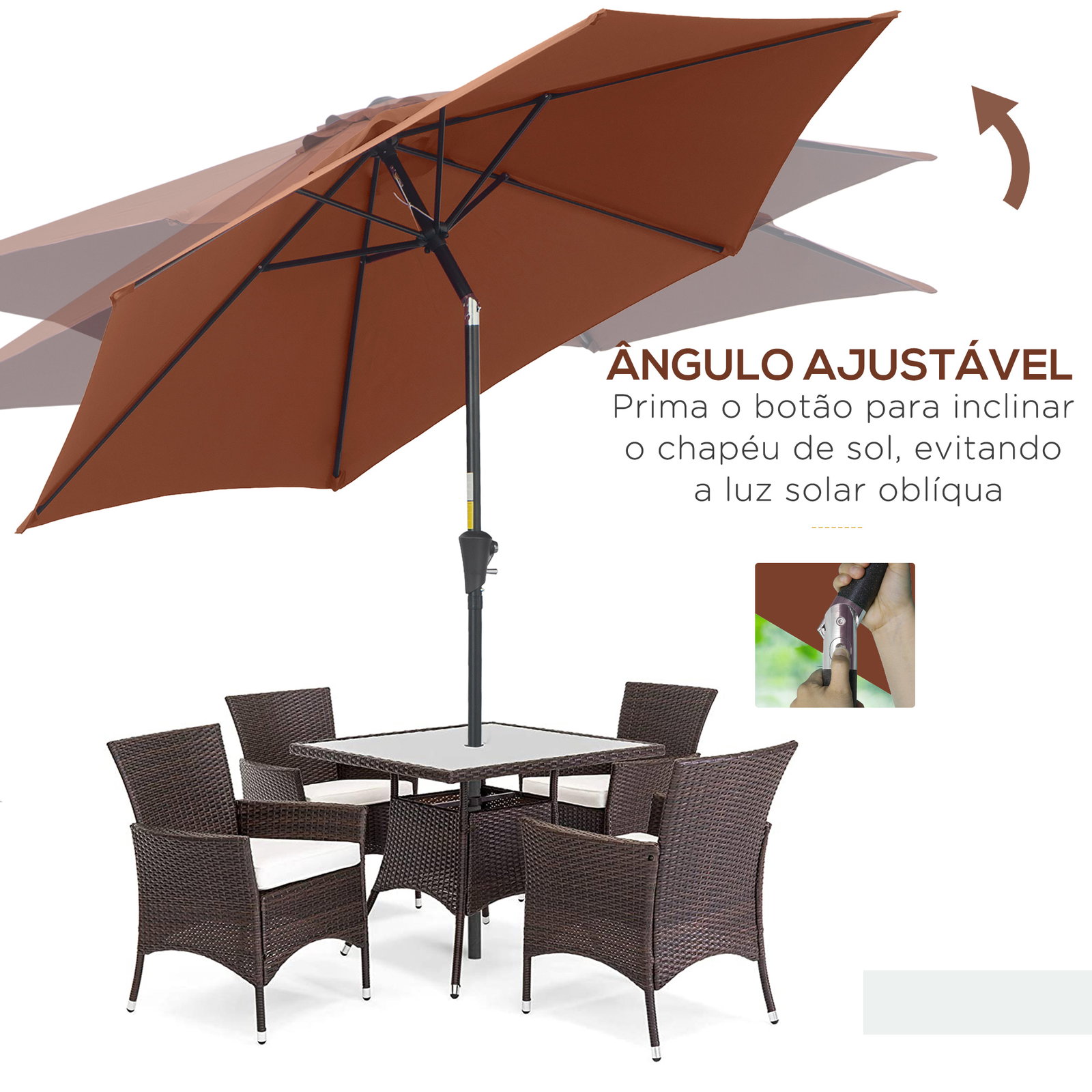 Chapéu de sol de jardim ø260x235cm de alumínio reclinável com manivela e 6 hastes para terraço exterior varanda café