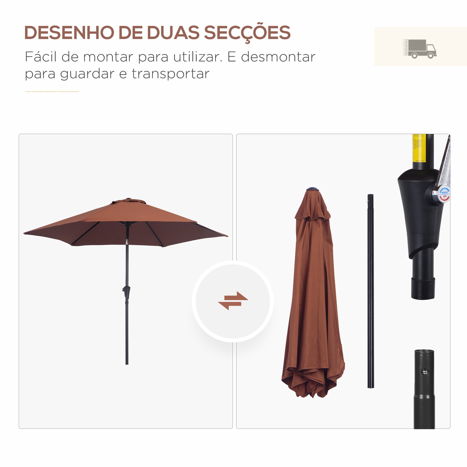 Chapéu de sol de jardim ø260x235cm de alumínio reclinável com manivela e 6 hastes para terraço exterior varanda café