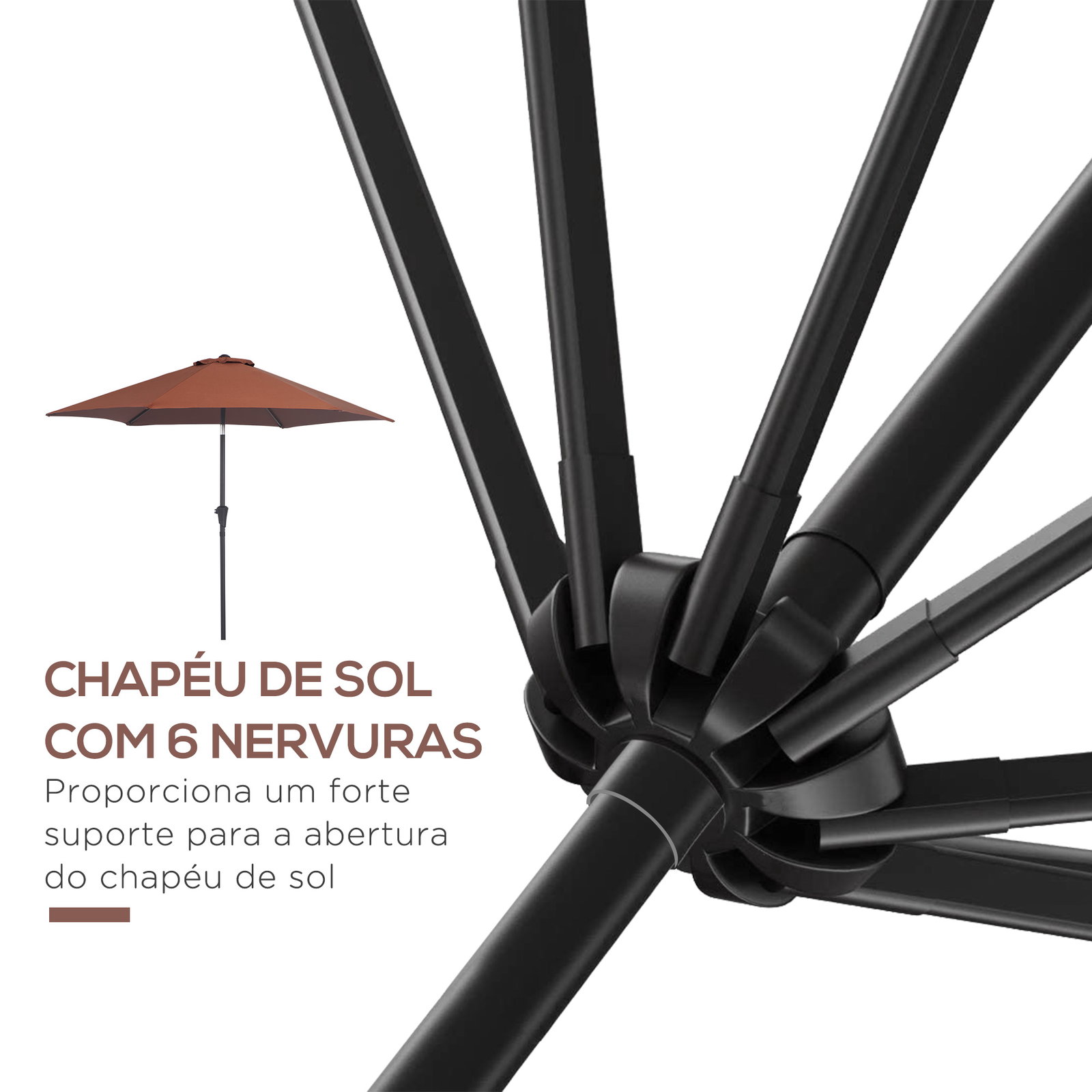 Chapéu de sol de jardim ø260x235cm de alumínio reclinável com manivela e 6 hastes para terraço exterior varanda café