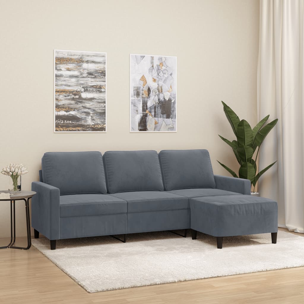 Sofá de 3 lugares com apoio de pés 180 cm veludo cinza-escuro
