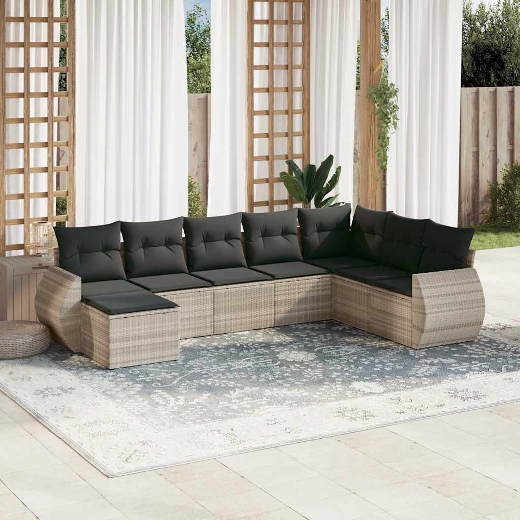 8 Pcs conj. sofás jardim c/ almofadões vime PE cinzento-claro