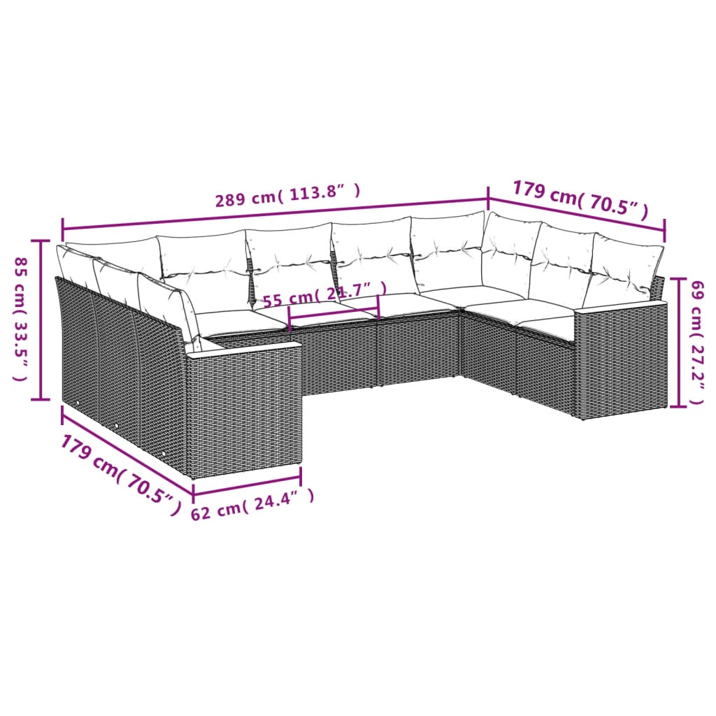 9 Pcs conjunto de sofás p/ jardim c/ almofadões vime PE preto