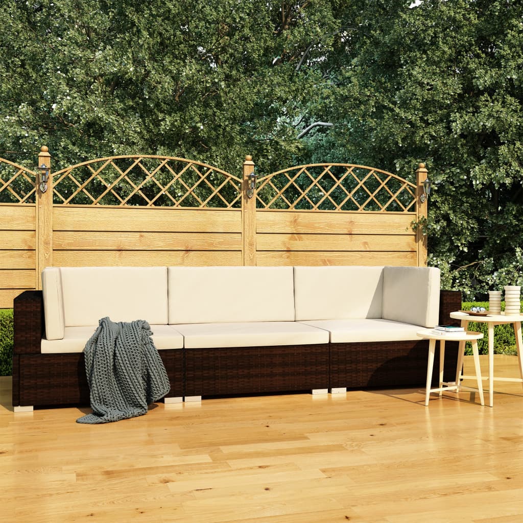 3 Pcs conjunto sofás de jardim c/ almofadões vime PE castanho