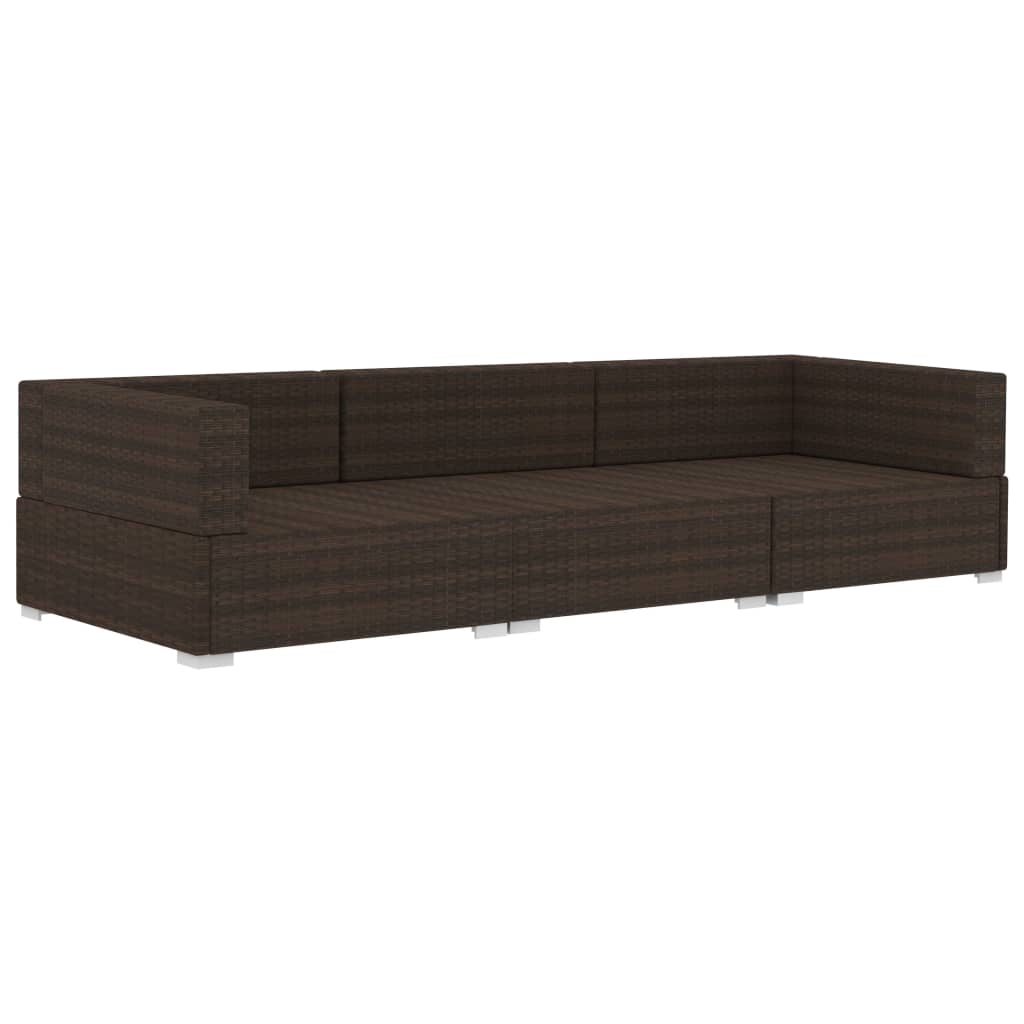3 Pcs conjunto sofás de jardim c/ almofadões vime PE castanho