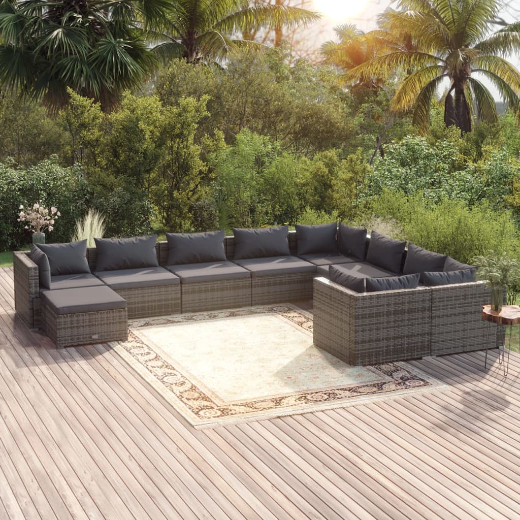 10 Pcs conjunto lounge de jardim c/ almofadões vime PE cinzento