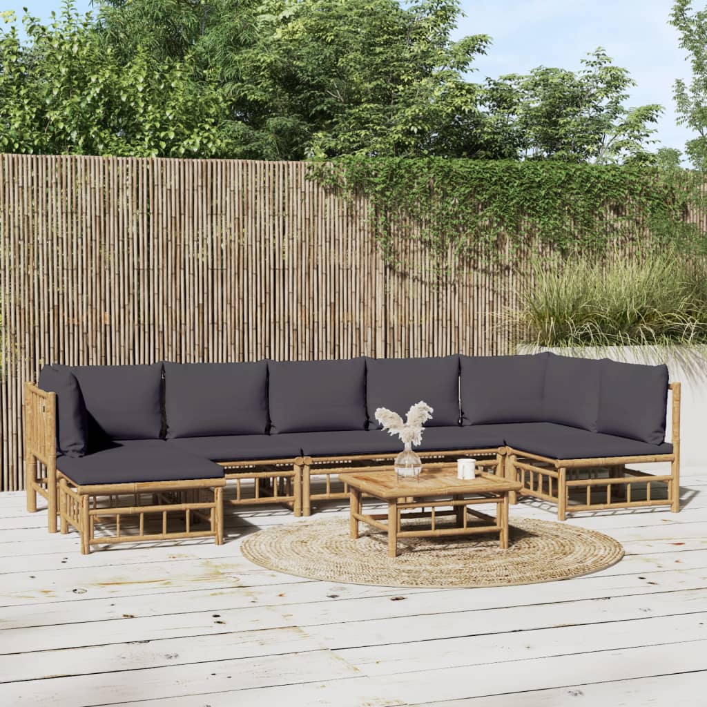 8Pcs conj. lounge de jardim bambu c/ almofadões cinzento-escuro