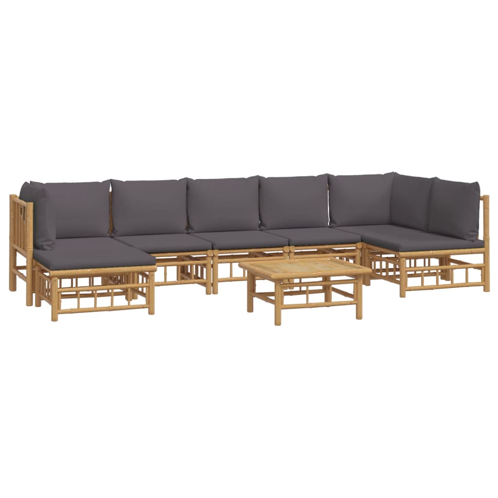 8Pcs conj. lounge de jardim bambu c/ almofadões cinzento-escuro