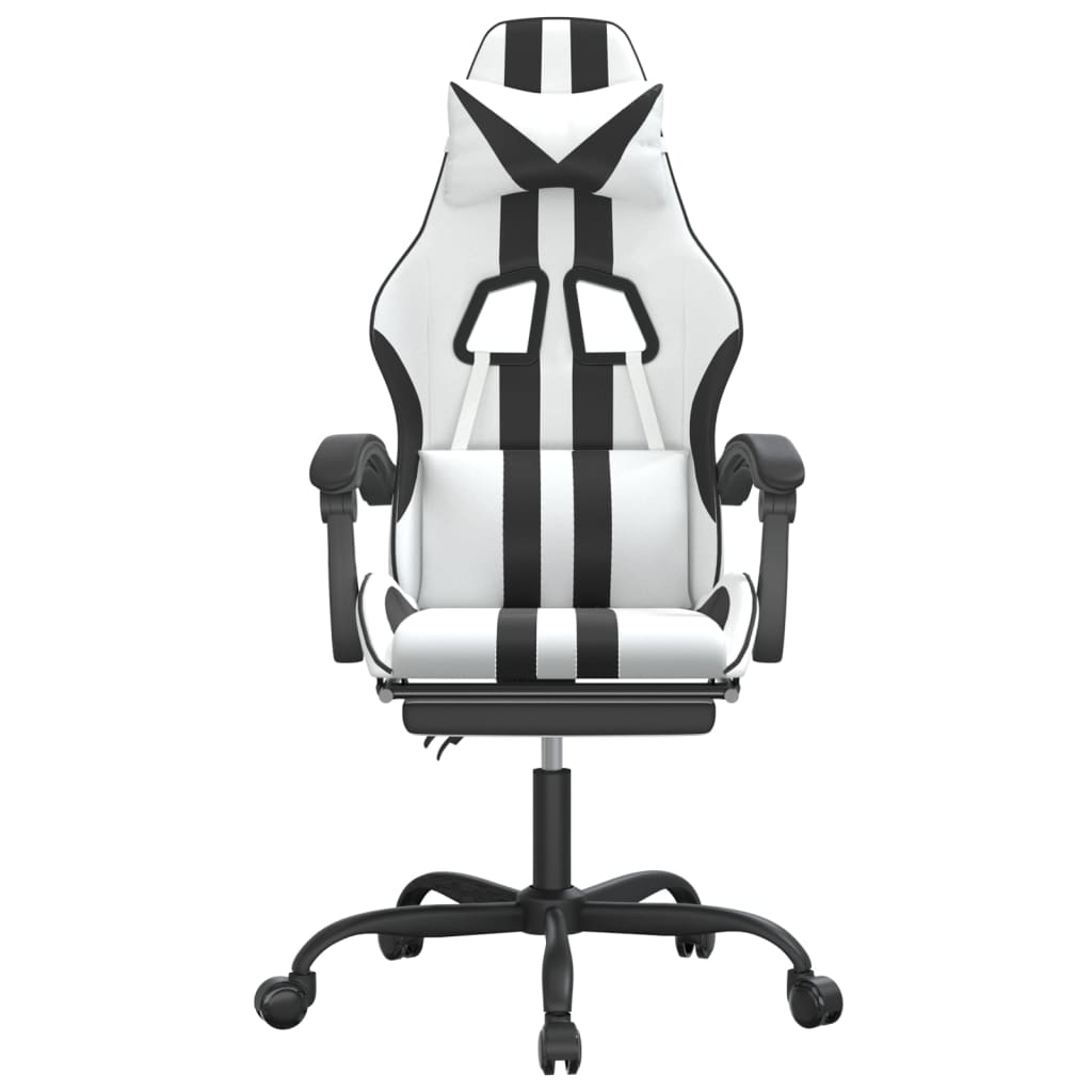 Cadeira gaming giratória c/ apoio pés couro artif. branco/preto