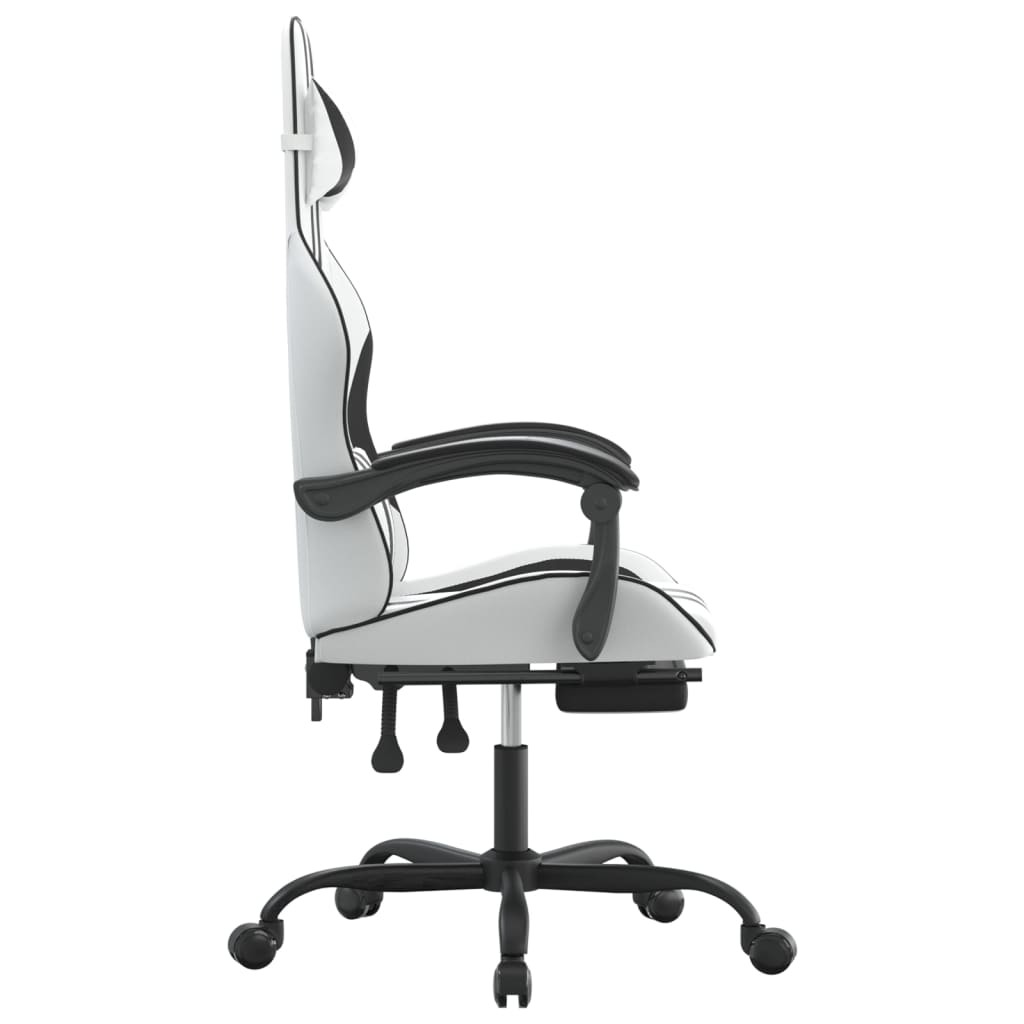 Cadeira gaming giratória c/ apoio pés couro artif. branco/preto