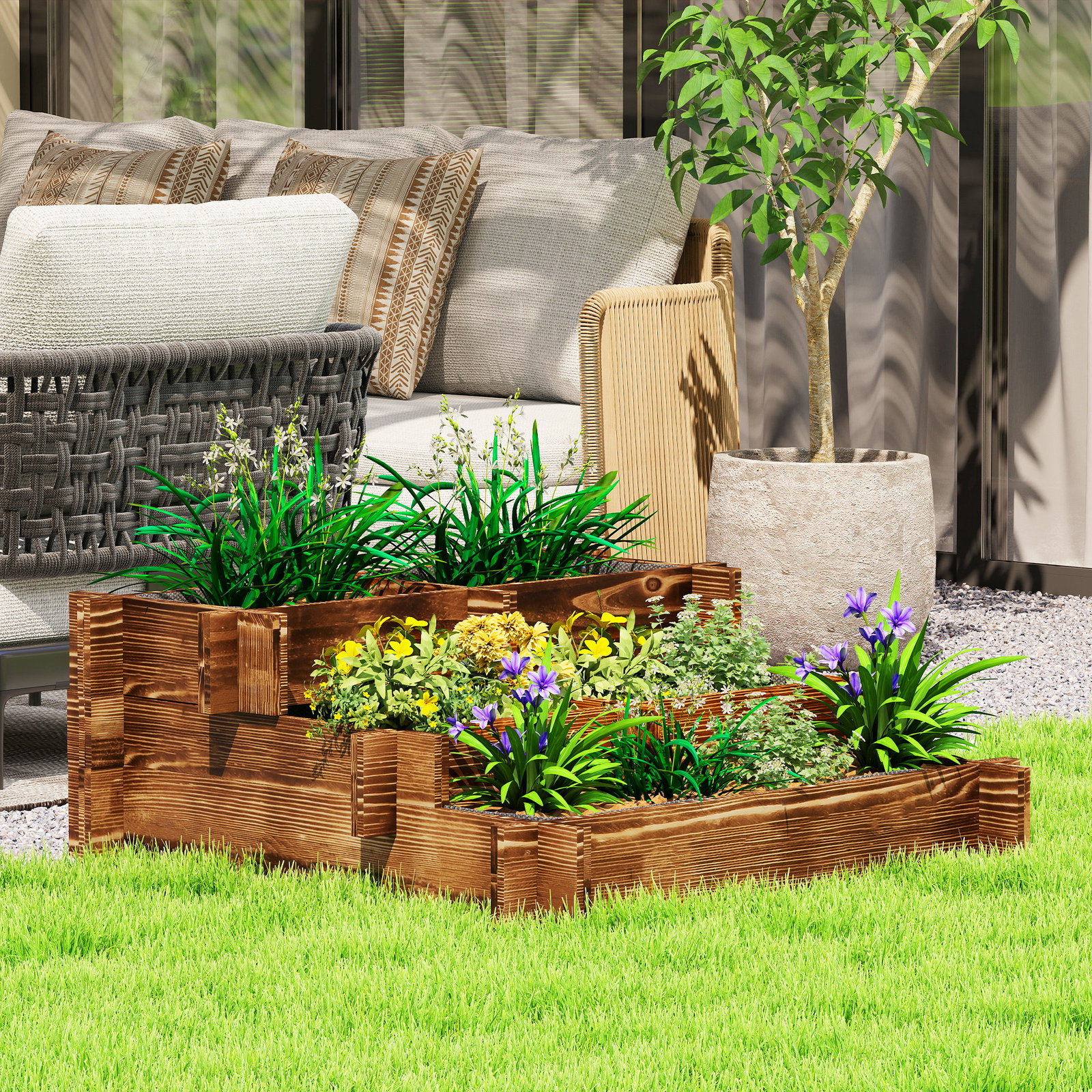 Caixa de plantio de madeira de 3 níveis com malha geotextil para cultivos de plantas flores exterior 93x93x35 cm carbonizado
