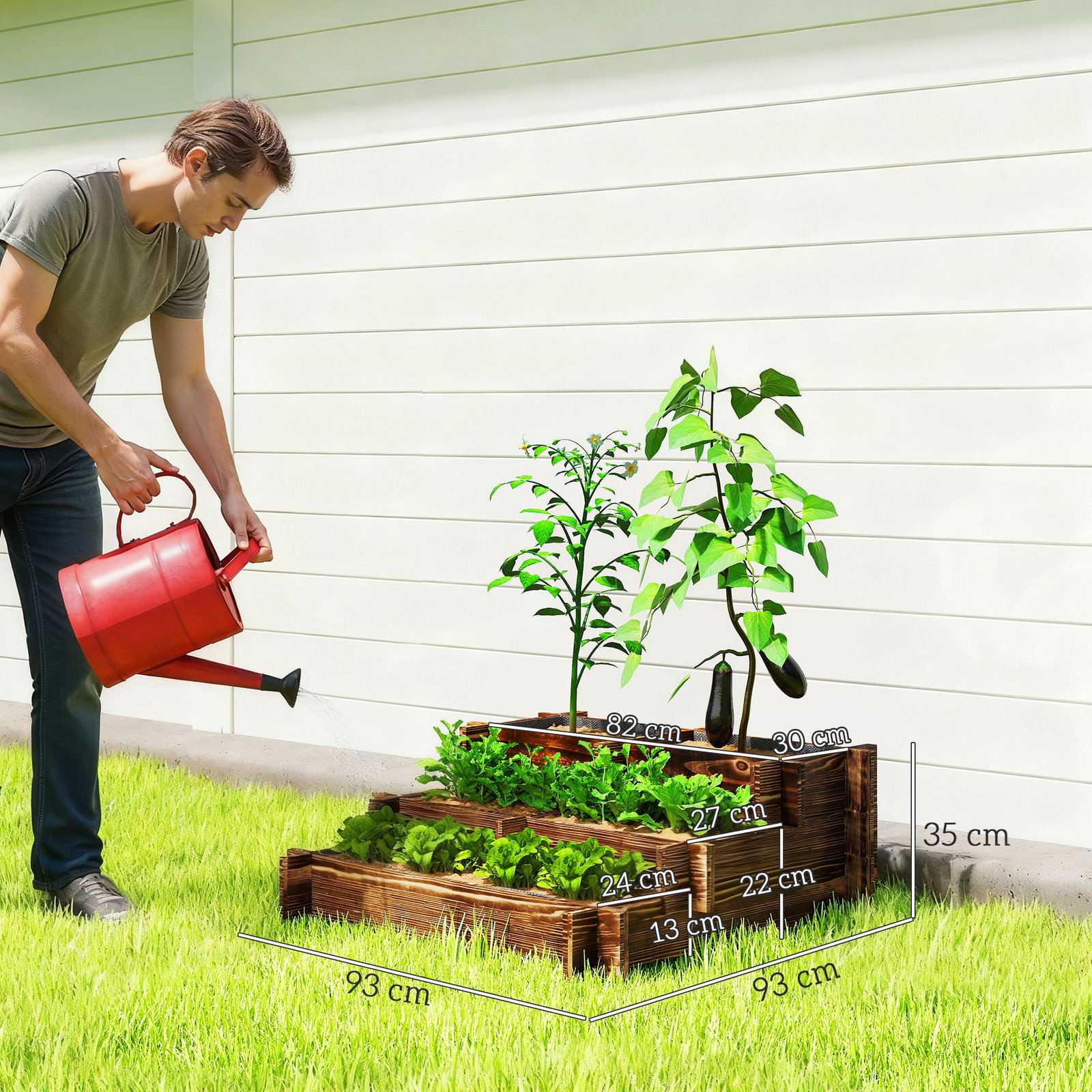 Caixa de plantio de madeira de 3 níveis com malha geotextil para cultivos de plantas flores exterior 93x93x35 cm carbonizado