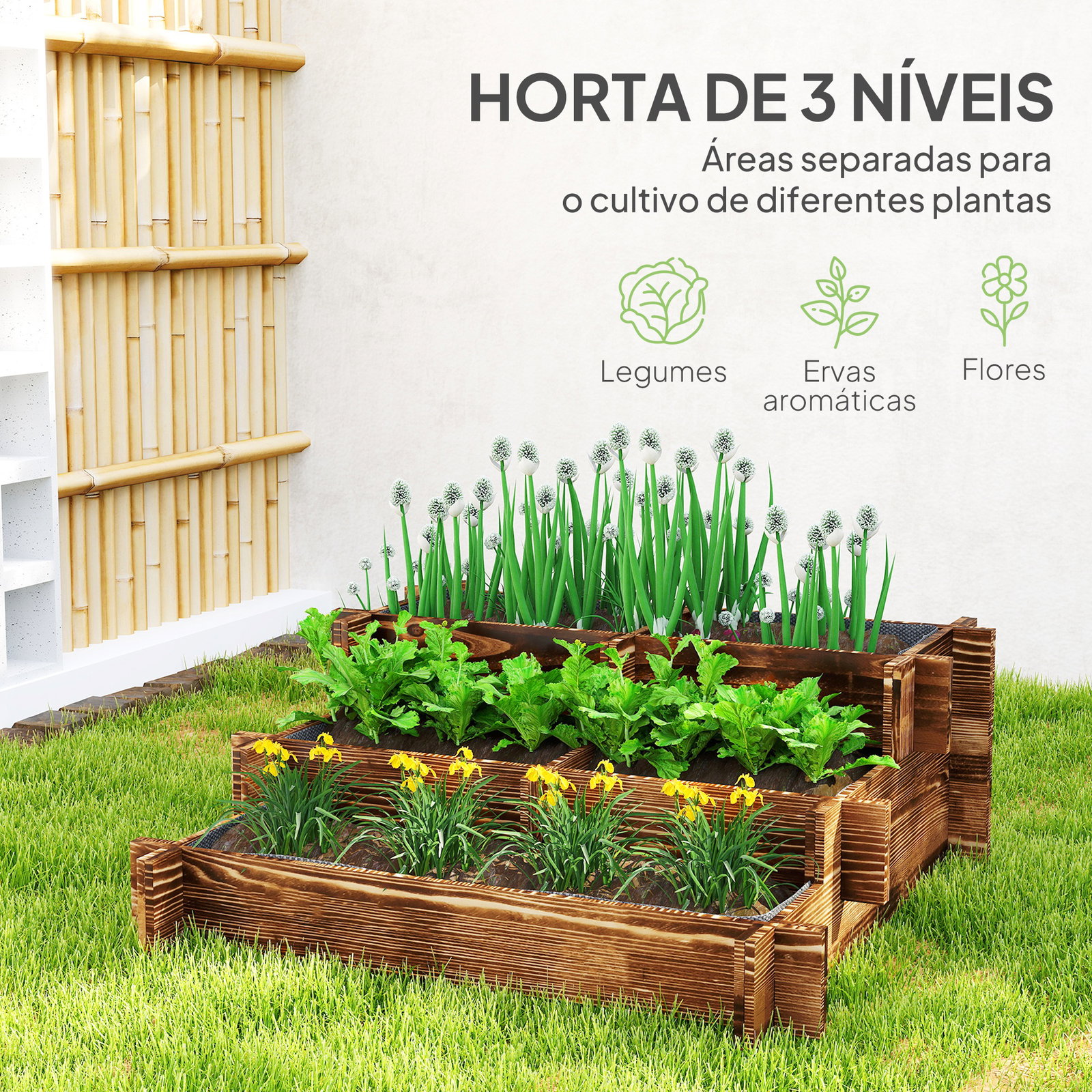 Caixa de plantio de madeira de 3 níveis com malha geotextil para cultivos de plantas flores exterior 93x93x35 cm carbonizado