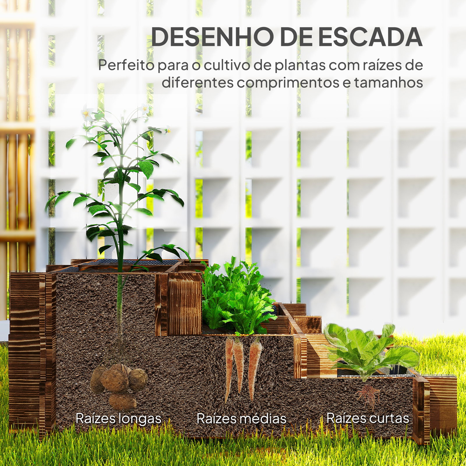 Caixa de plantio de madeira de 3 níveis com malha geotextil para cultivos de plantas flores exterior 93x93x35 cm carbonizado