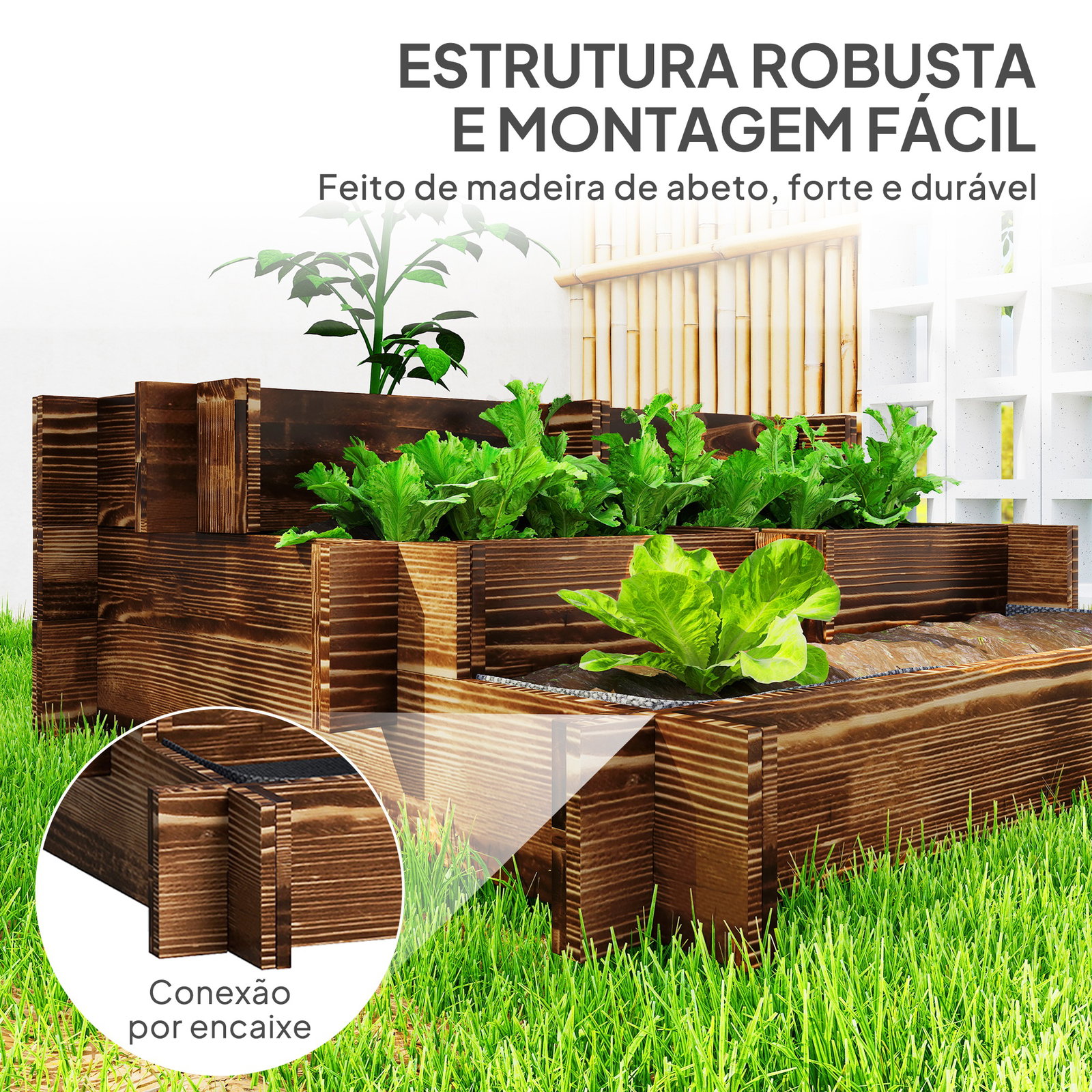 Caixa de plantio de madeira de 3 níveis com malha geotextil para cultivos de plantas flores exterior 93x93x35 cm carbonizado