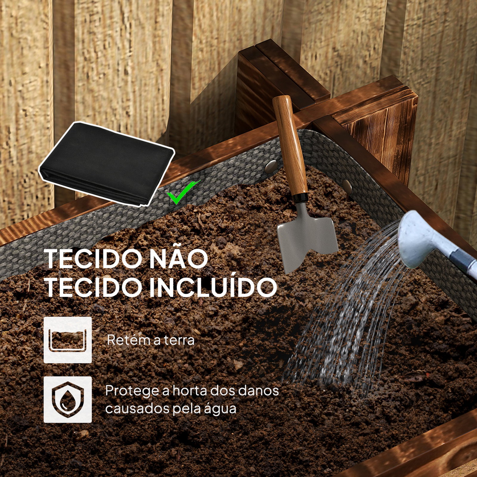 Caixa de plantio de madeira de 3 níveis com malha geotextil para cultivos de plantas flores exterior 93x93x35 cm carbonizado