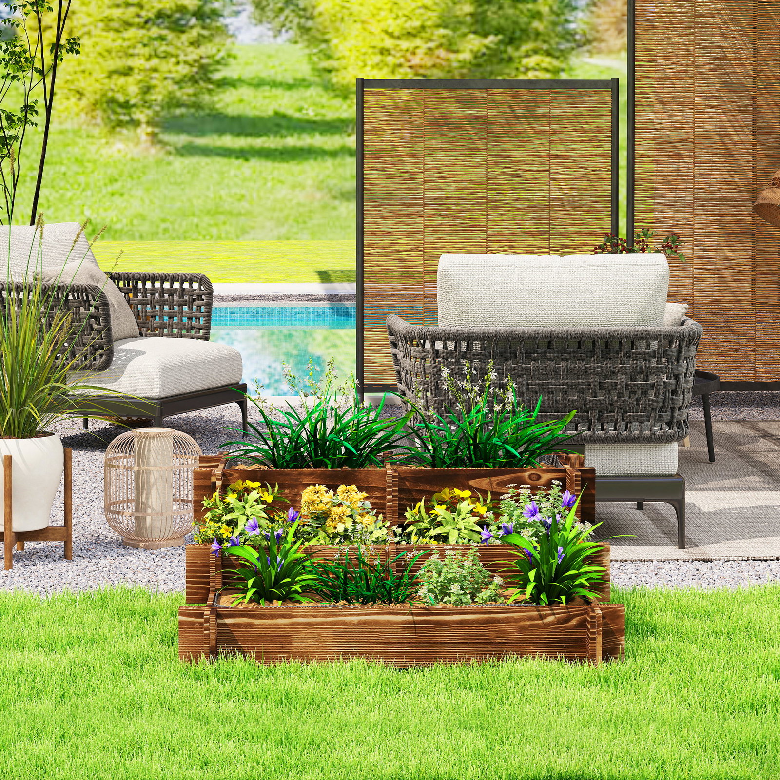 Caixa de plantio de madeira de 3 níveis com malha geotextil para cultivos de plantas flores exterior 93x93x35 cm carbonizado