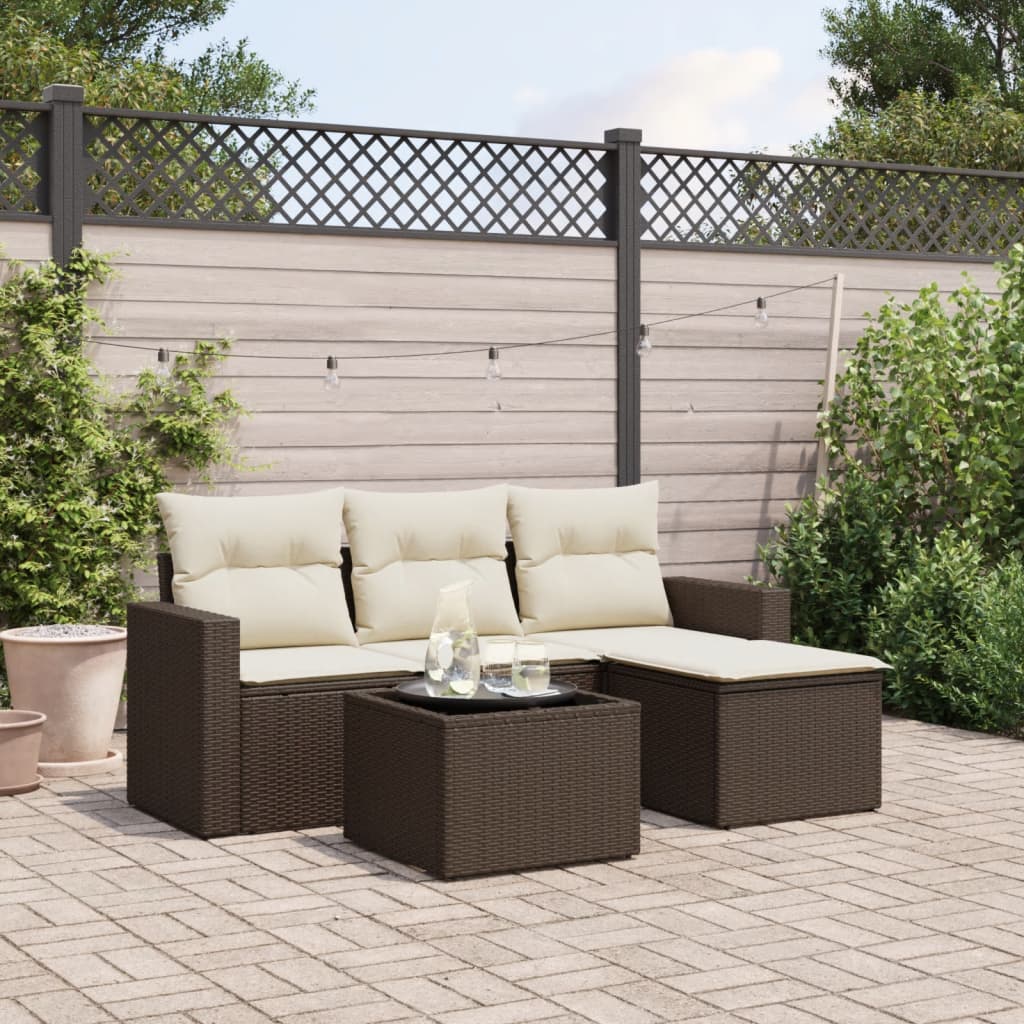 5 Pcs conjunto sofás p/ jardim c/ almofadões vime PE castanho