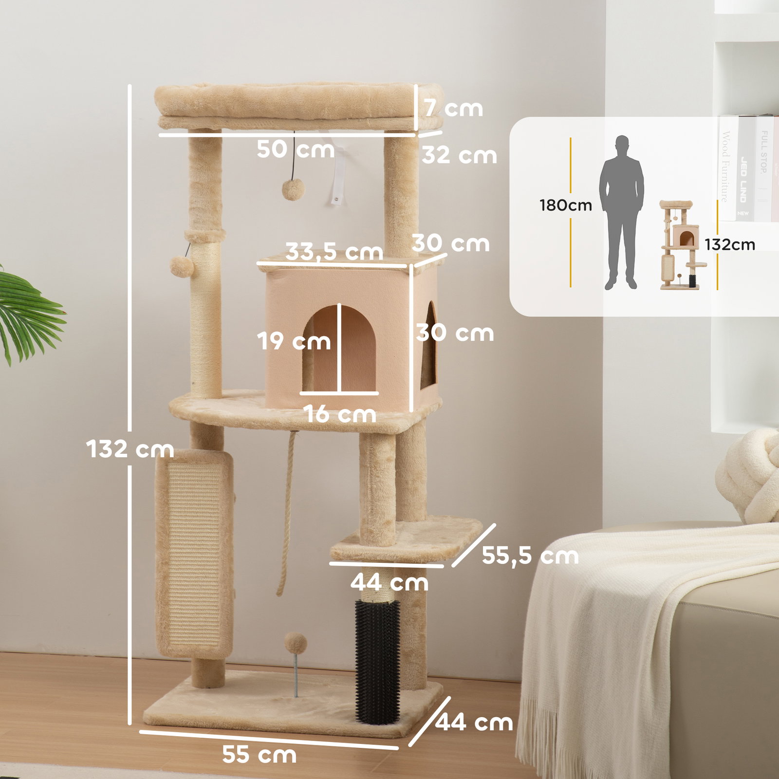 Arranhador para gatos grande altura 132 cm com plataformas postes com escova bolas suspensas e almofadas para arranhar bege