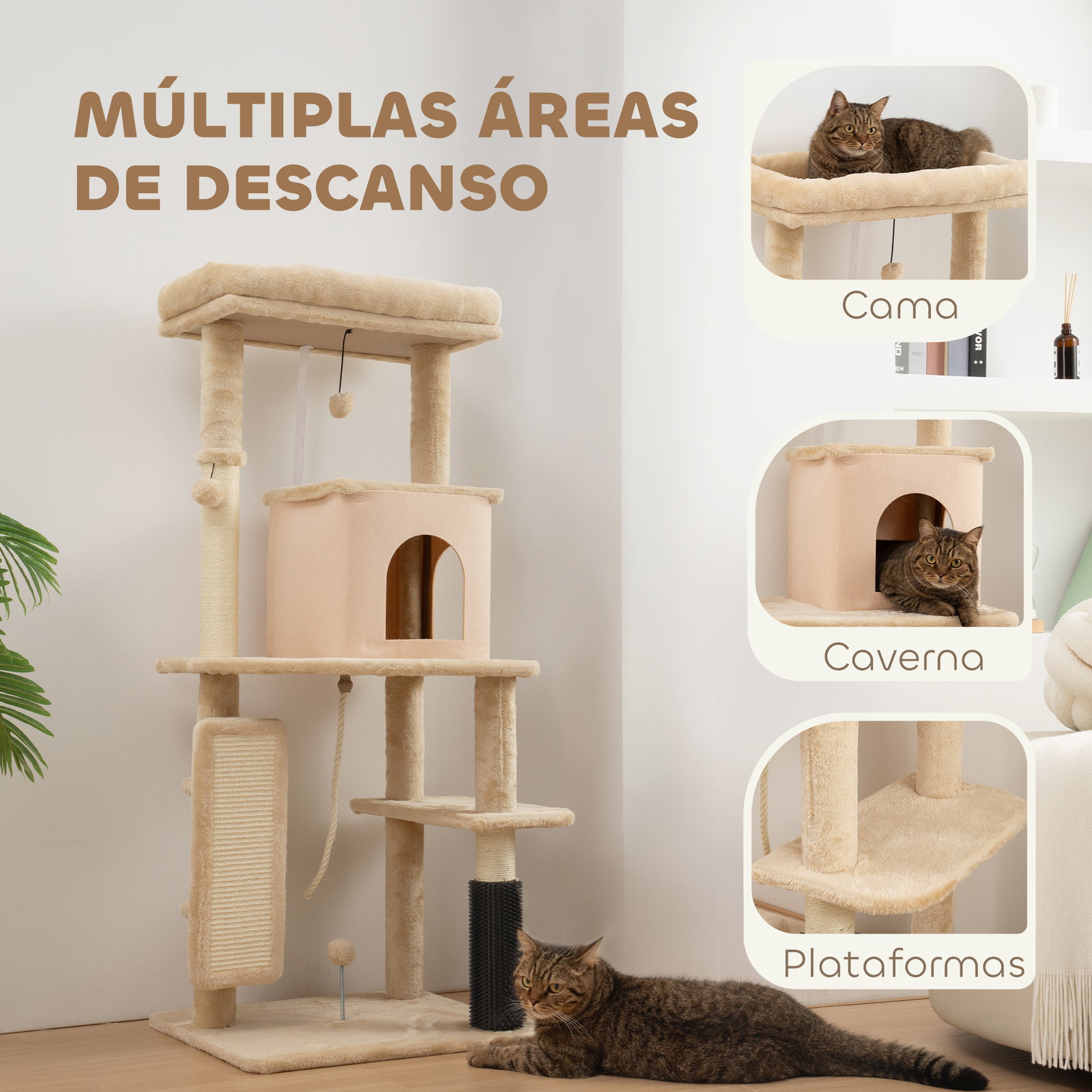 Arranhador para gatos grande altura 132 cm com plataformas postes com escova bolas suspensas e almofadas para arranhar bege