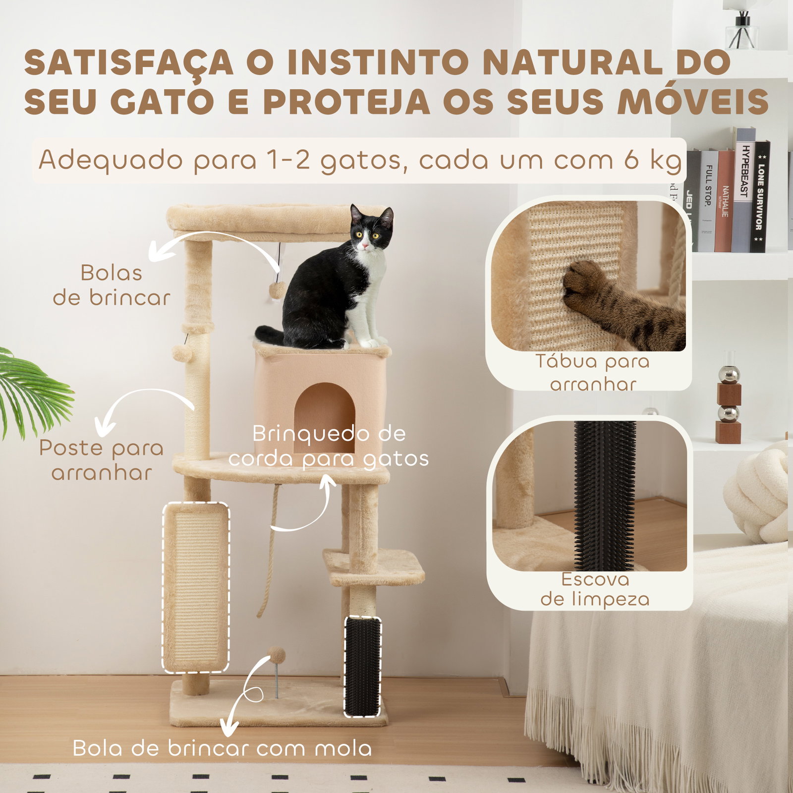 Arranhador para gatos grande altura 132 cm com plataformas postes com escova bolas suspensas e almofadas para arranhar bege