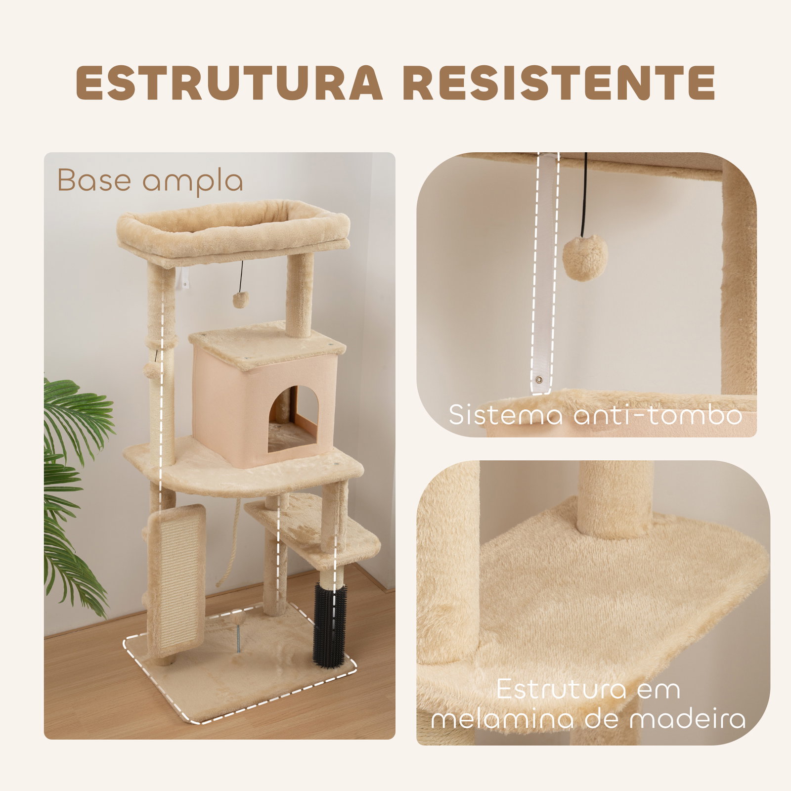 Arranhador para gatos grande altura 132 cm com plataformas postes com escova bolas suspensas e almofadas para arranhar bege