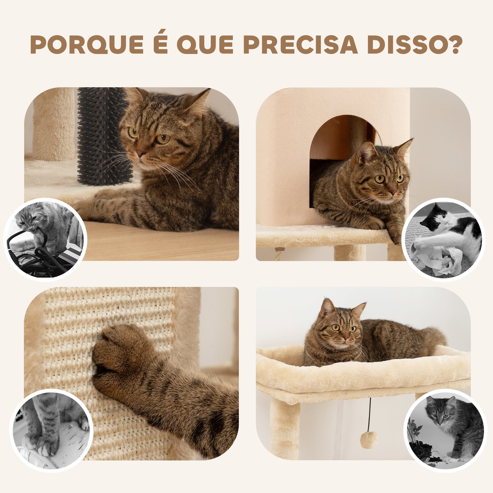 Arranhador para gatos grande altura 132 cm com plataformas postes com escova bolas suspensas e almofadas para arranhar bege