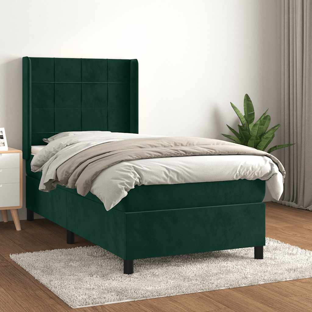 Cama com molas/colchão 90x190 cm veludo verde-escuro