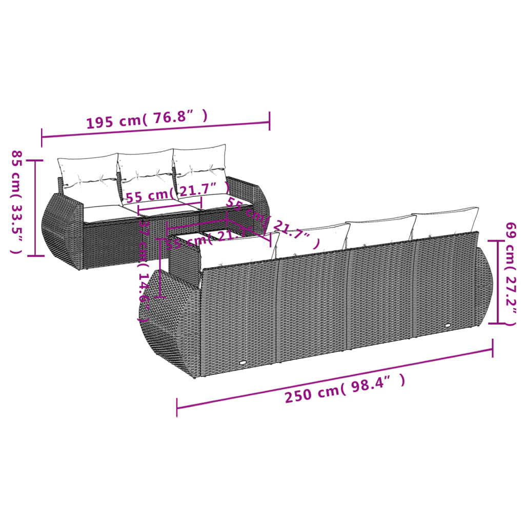 8 Pcs conjunto sofás de jardim c/ almofadões vime PE cinzento