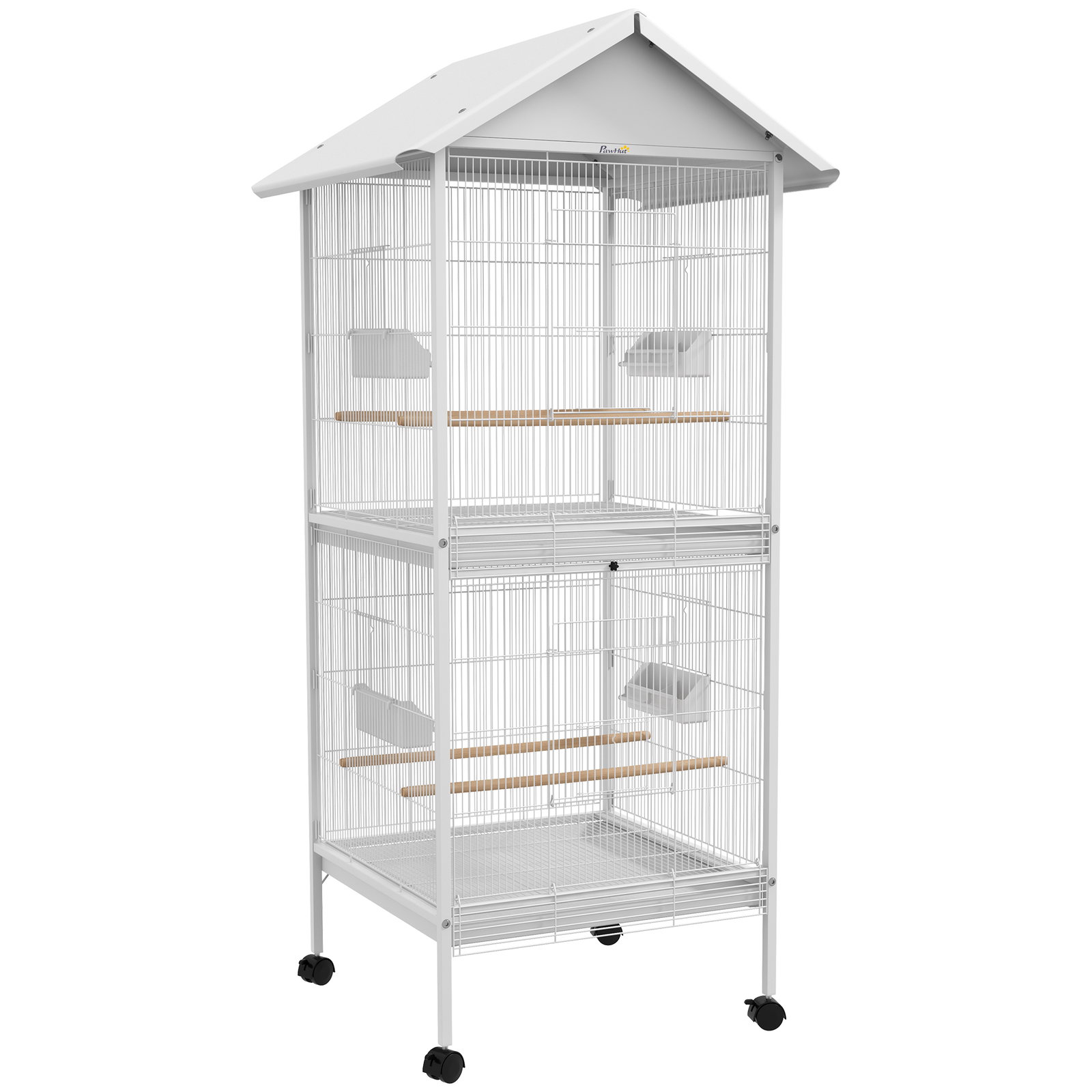 Gaiola para pássaros 2 em 1 com 2 andares rodas 4 comedouros 4 poleiros e bandejas amovíveis 78x75x168 cm branco