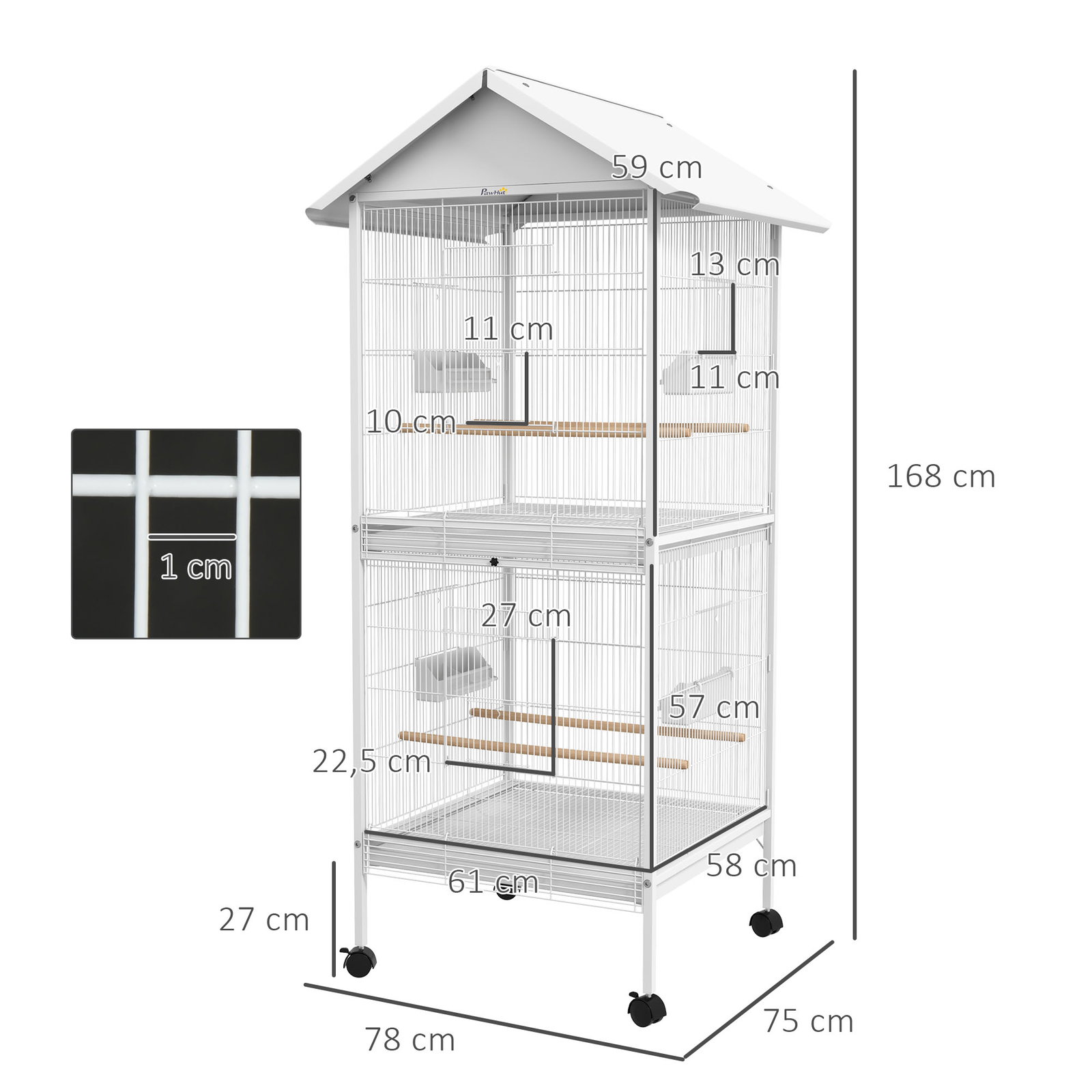 Gaiola para pássaros 2 em 1 com 2 andares rodas 4 comedouros 4 poleiros e bandejas amovíveis 78x75x168 cm branco