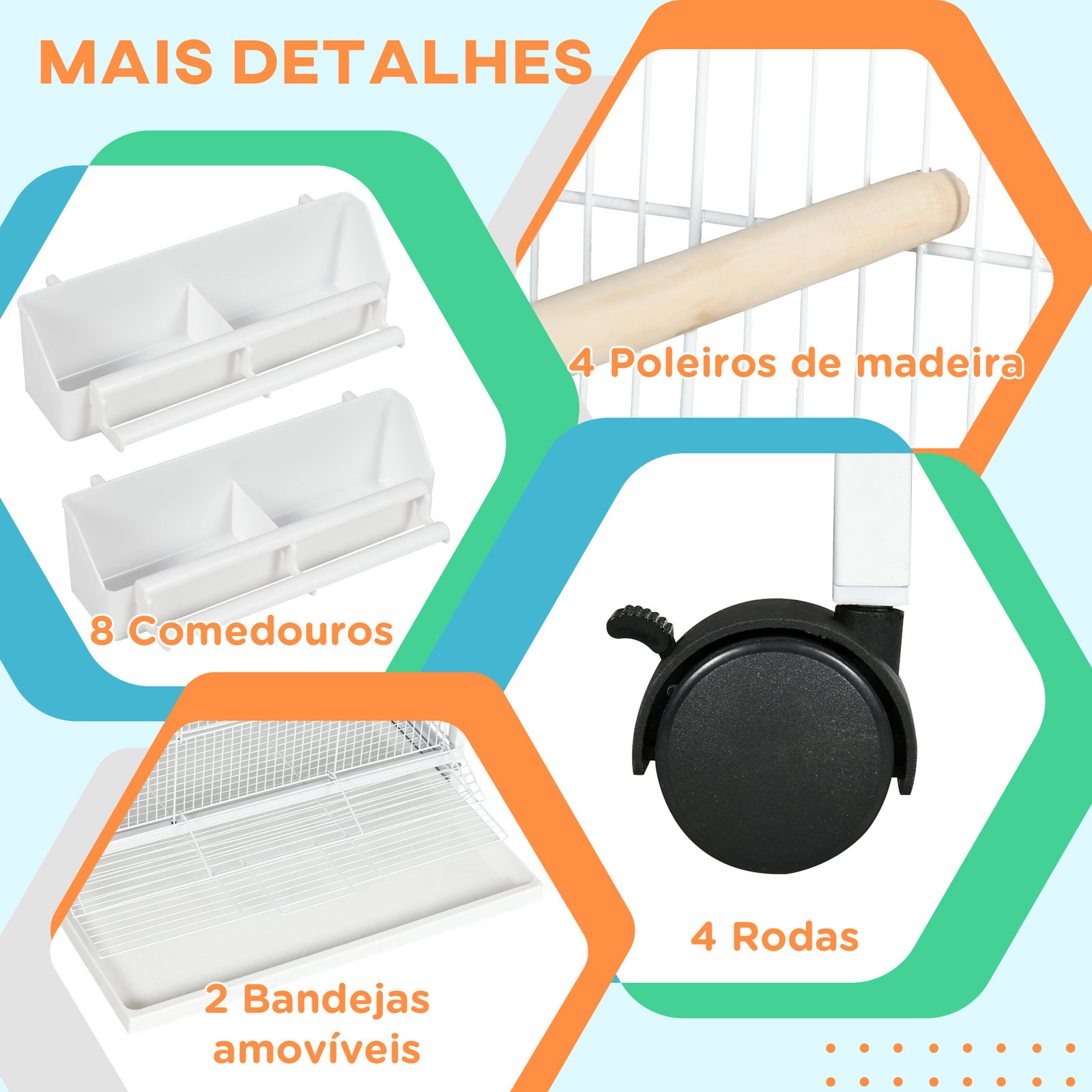 Gaiola para pássaros 2 em 1 com 2 andares rodas 4 comedouros 4 poleiros e bandejas amovíveis 78x75x168 cm branco