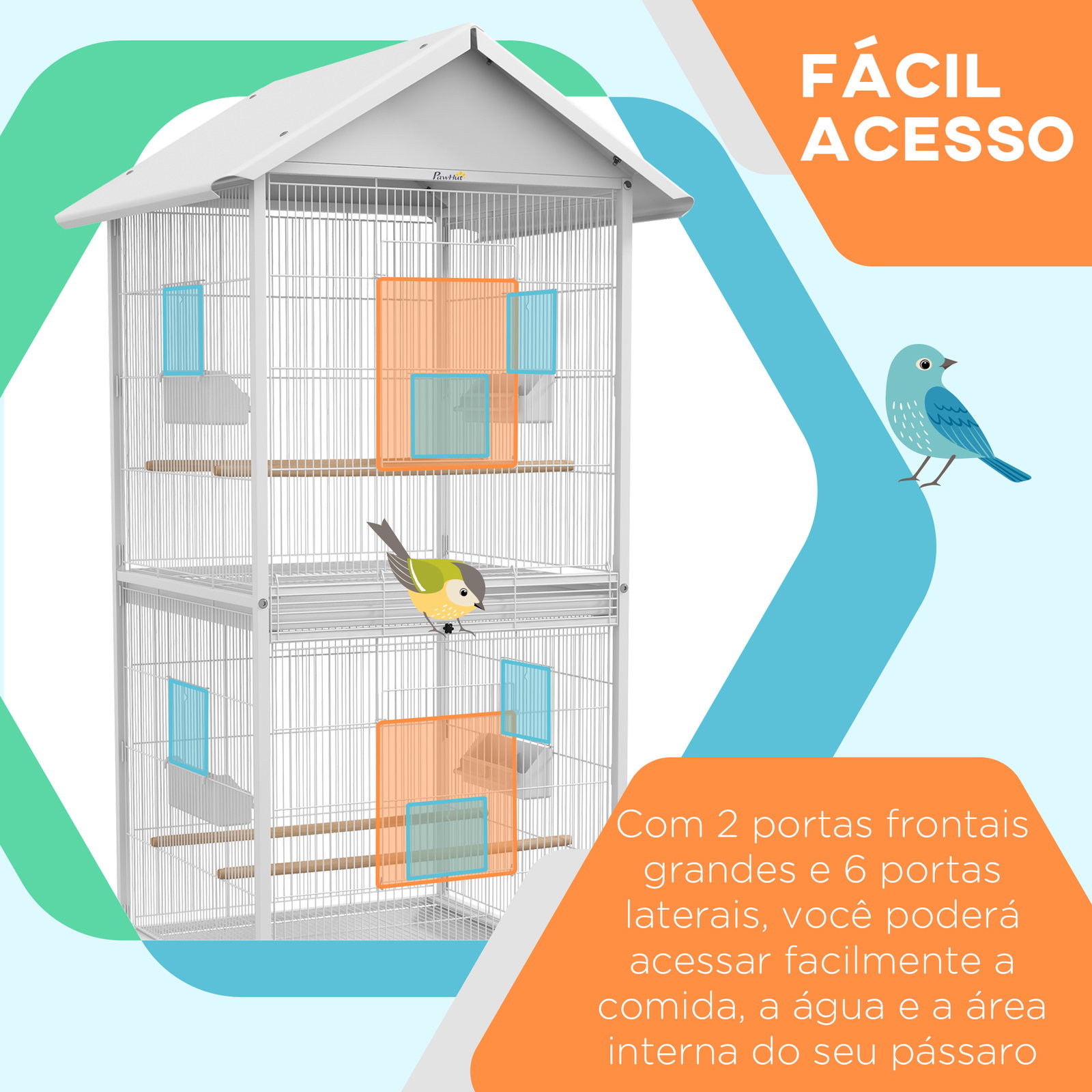 Gaiola para pássaros 2 em 1 com 2 andares rodas 4 comedouros 4 poleiros e bandejas amovíveis 78x75x168 cm branco