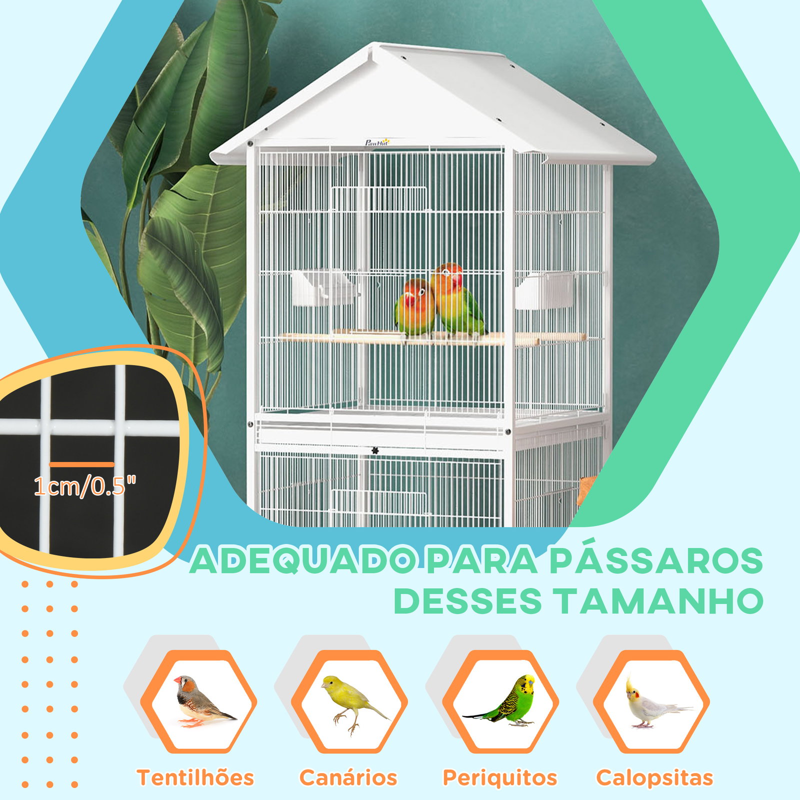 Gaiola para pássaros 2 em 1 com 2 andares rodas 4 comedouros 4 poleiros e bandejas amovíveis 78x75x168 cm branco