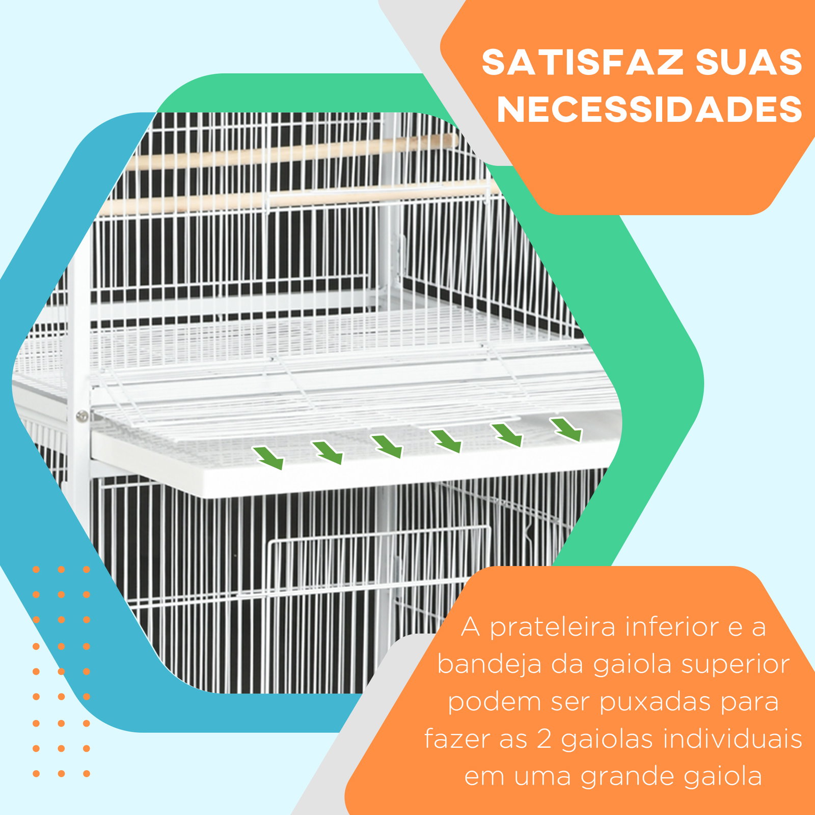 Gaiola para pássaros 2 em 1 com 2 andares rodas 4 comedouros 4 poleiros e bandejas amovíveis 78x75x168 cm branco