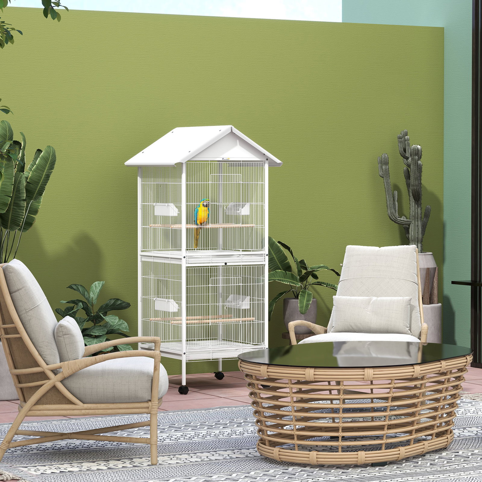 Gaiola para pássaros 2 em 1 com 2 andares rodas 4 comedouros 4 poleiros e bandejas amovíveis 78x75x168 cm branco