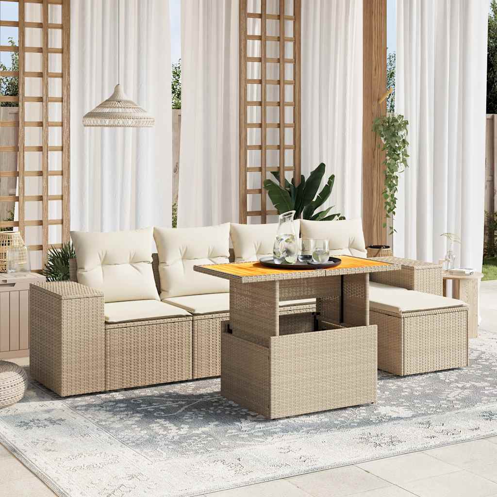 6 Pcs conjunto de sofás p/ jardim com almofadões vime PE bege