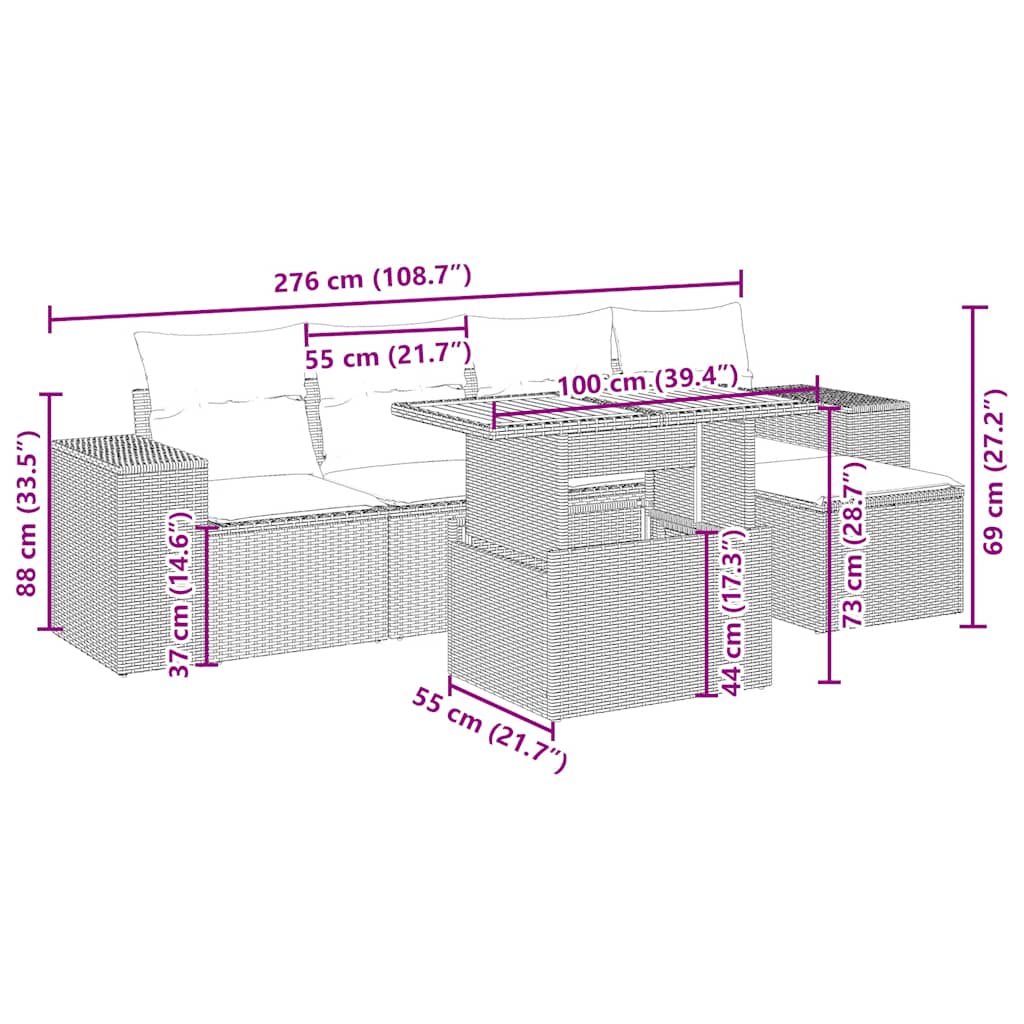 6 Pcs conjunto de sofás p/ jardim com almofadões vime PE bege