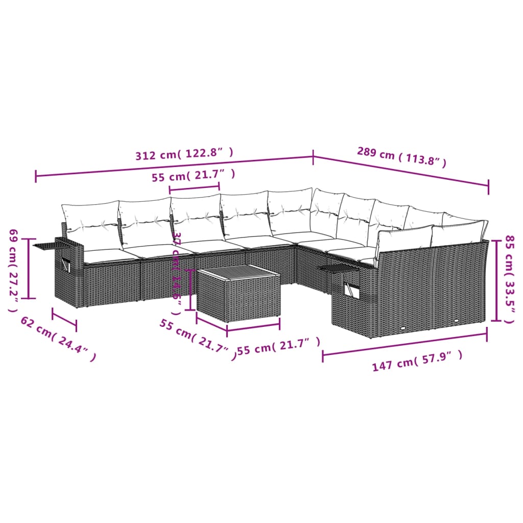 11 Pcs conjunto sofás de jardim c/ almofadões vime PE cinzento