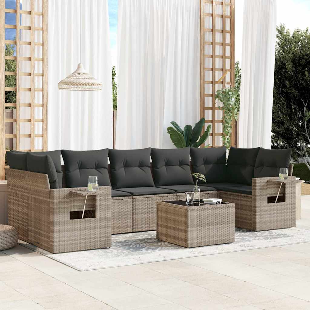 8 Pcs conj. sofás jardim c/ almofadões vime PE cinzento-claro