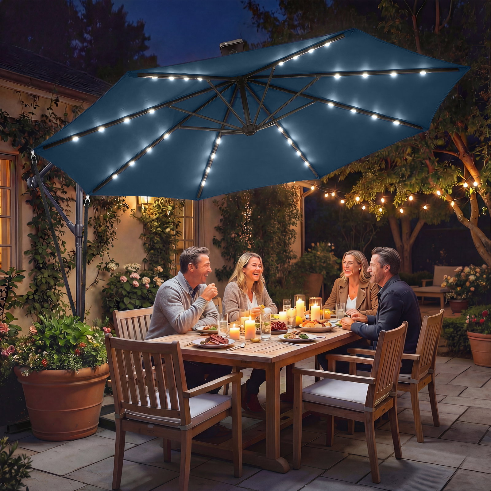 Chapéu de sol excêntrico com luzes LED solares ø345 cm base cruzada manivela capa protetora azul