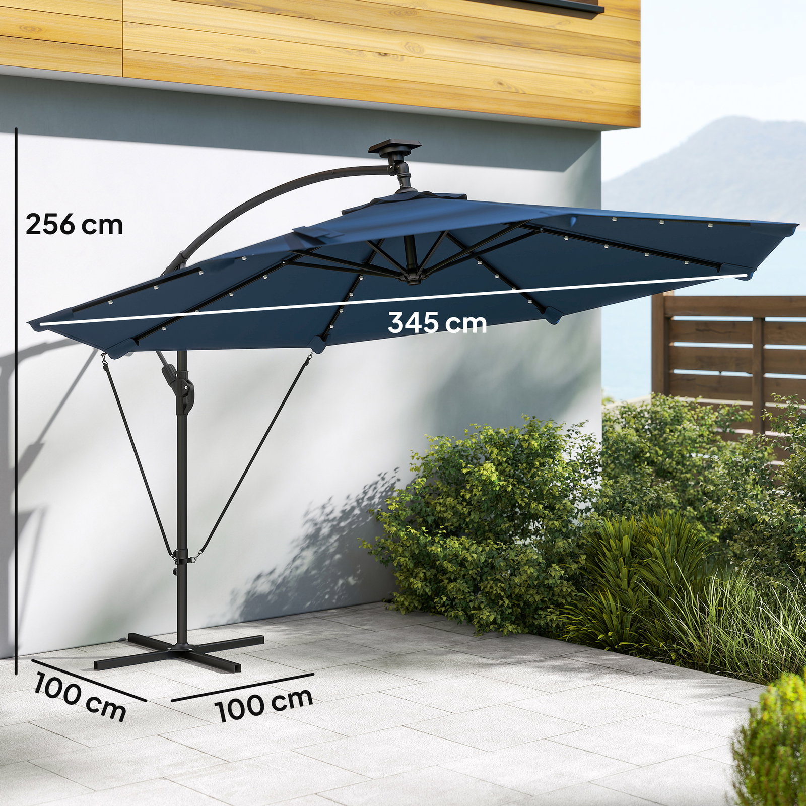 Chapéu de sol excêntrico com luzes LED solares ø345 cm base cruzada manivela capa protetora azul