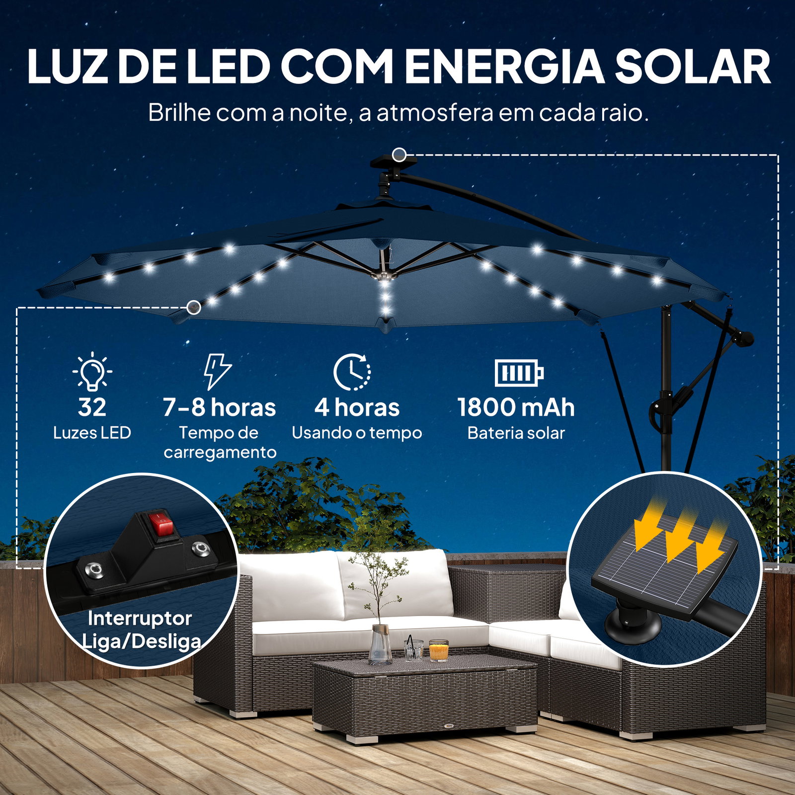 Chapéu de sol excêntrico com luzes LED solares ø345 cm base cruzada manivela capa protetora azul