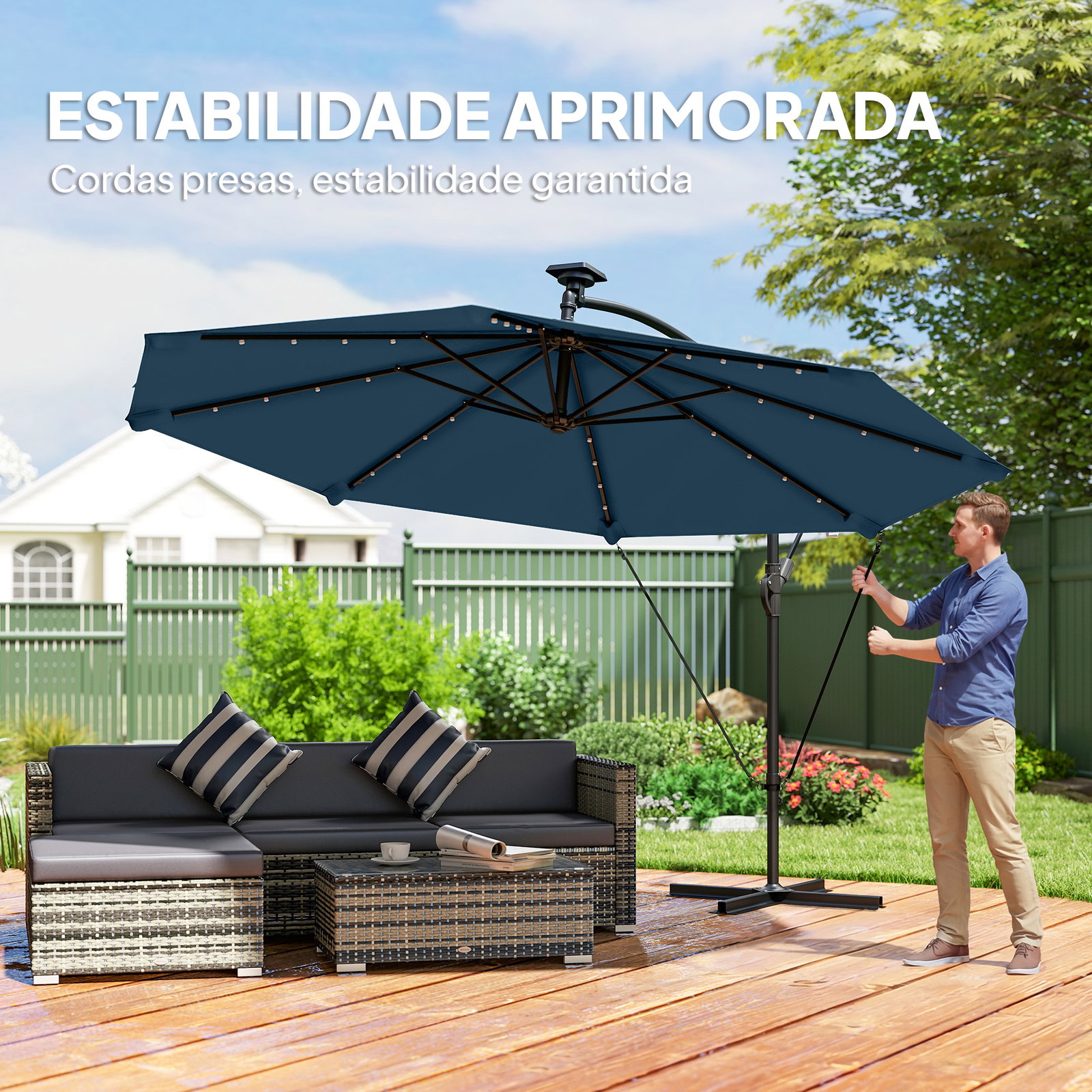 Chapéu de sol excêntrico com luzes LED solares ø345 cm base cruzada manivela capa protetora azul