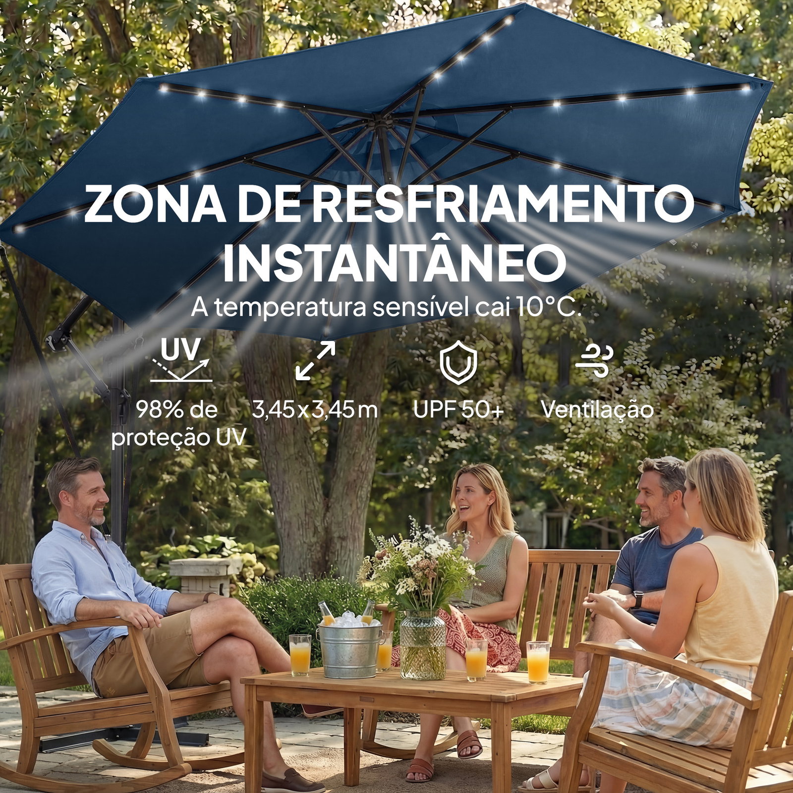 Chapéu de sol excêntrico com luzes LED solares ø345 cm base cruzada manivela capa protetora azul