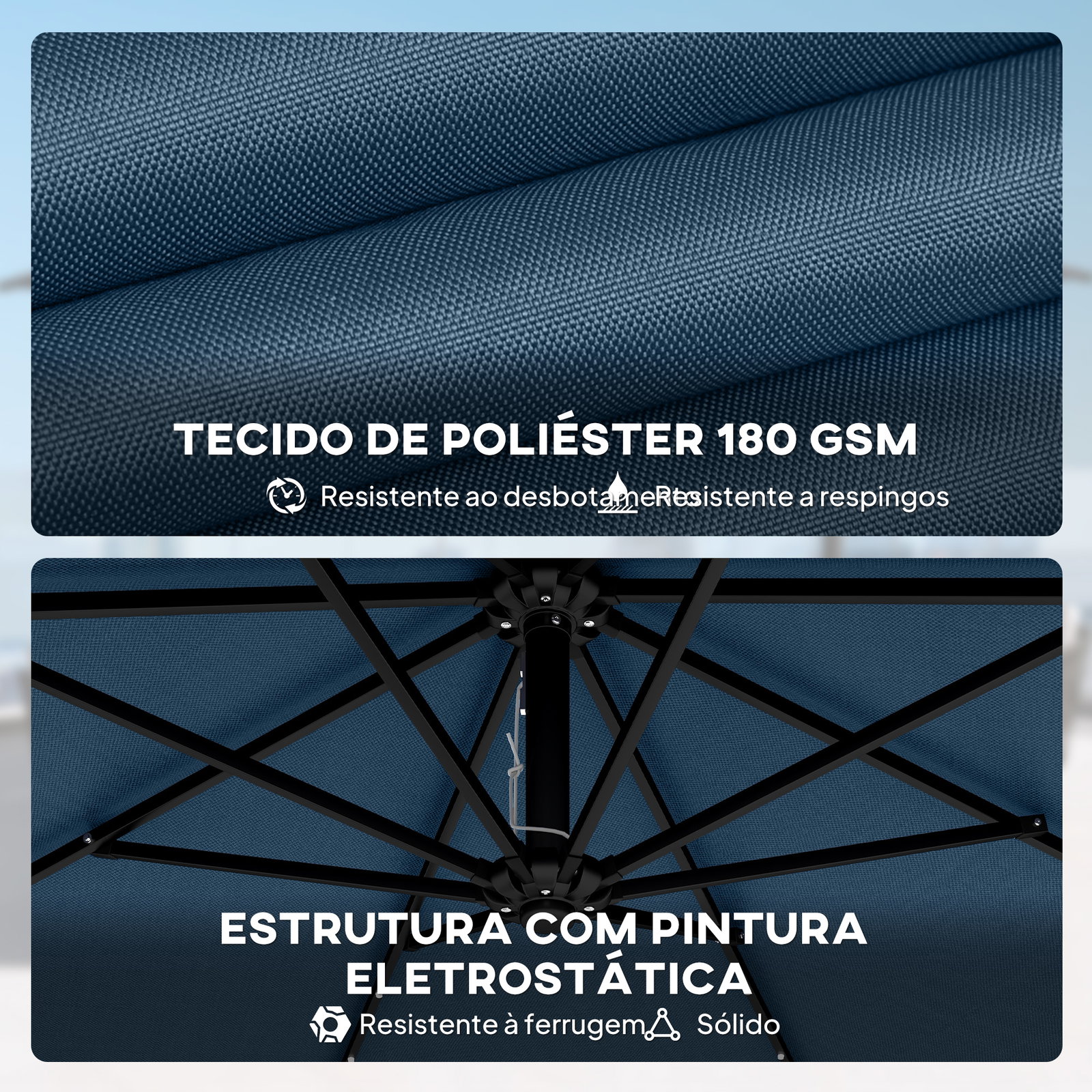 Chapéu de sol excêntrico com luzes LED solares ø345 cm base cruzada manivela capa protetora azul