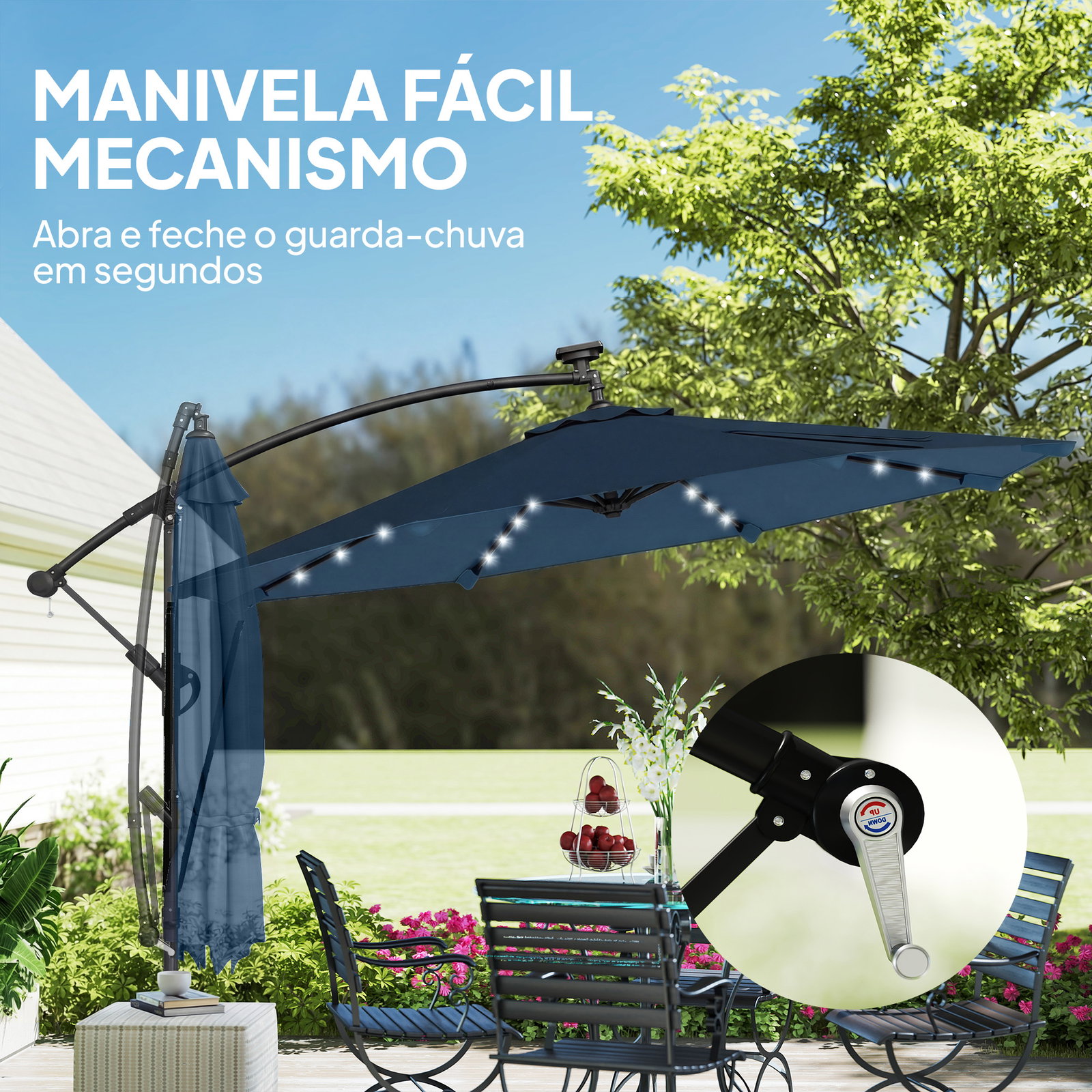 Chapéu de sol excêntrico com luzes LED solares ø345 cm base cruzada manivela capa protetora azul