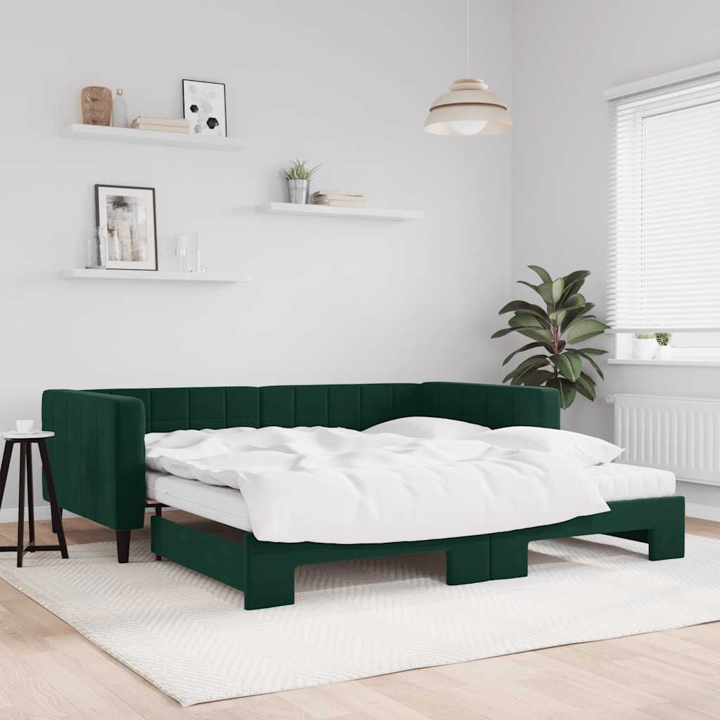 Sofá-cama c/ gavetão e colchões 100x200cm veludo verde-escuro